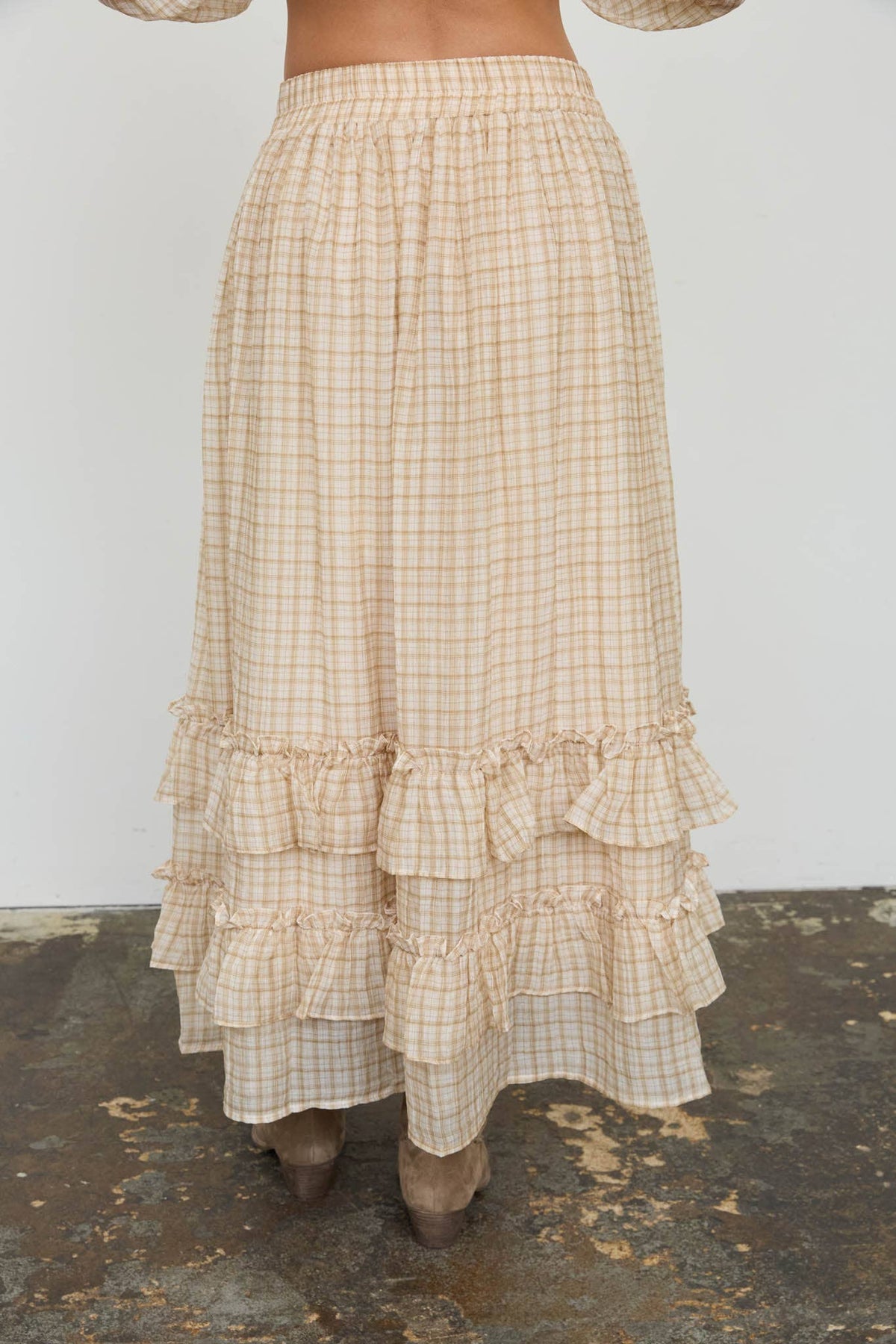 Khaki Plaid Ruffled Tiered Midi Skirt