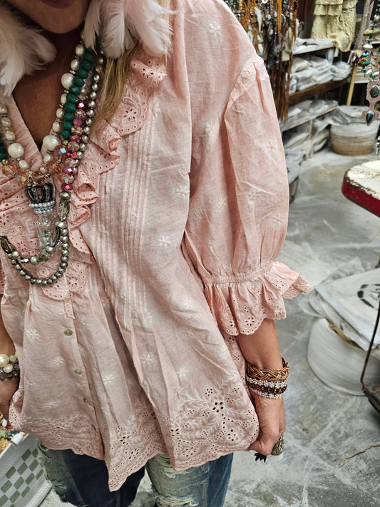 A RARE BIRD - Pink Eyelet Linen Top