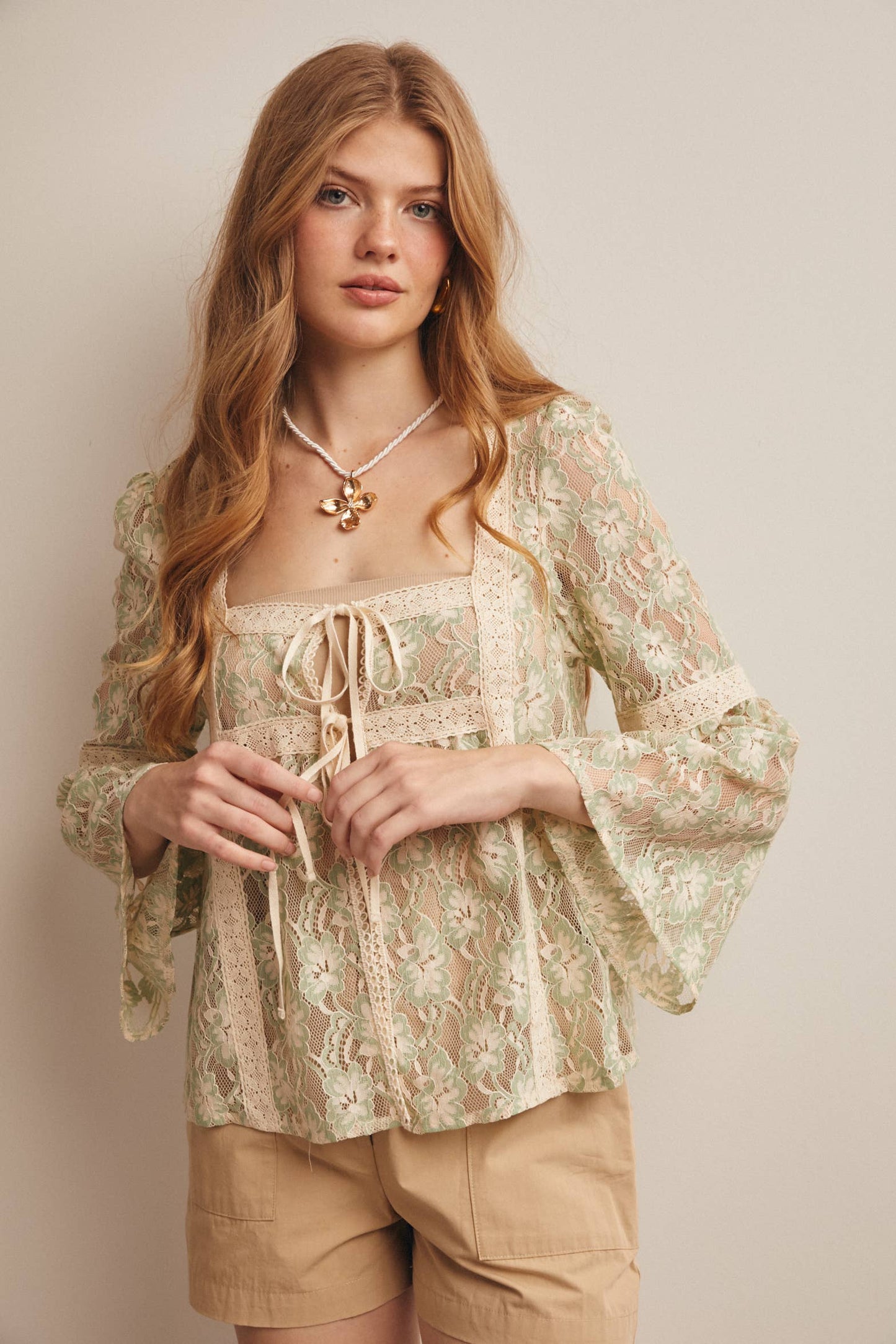 Forte - Sheer Lace Tie-Front Bell Sleeve Blouse - 926 West