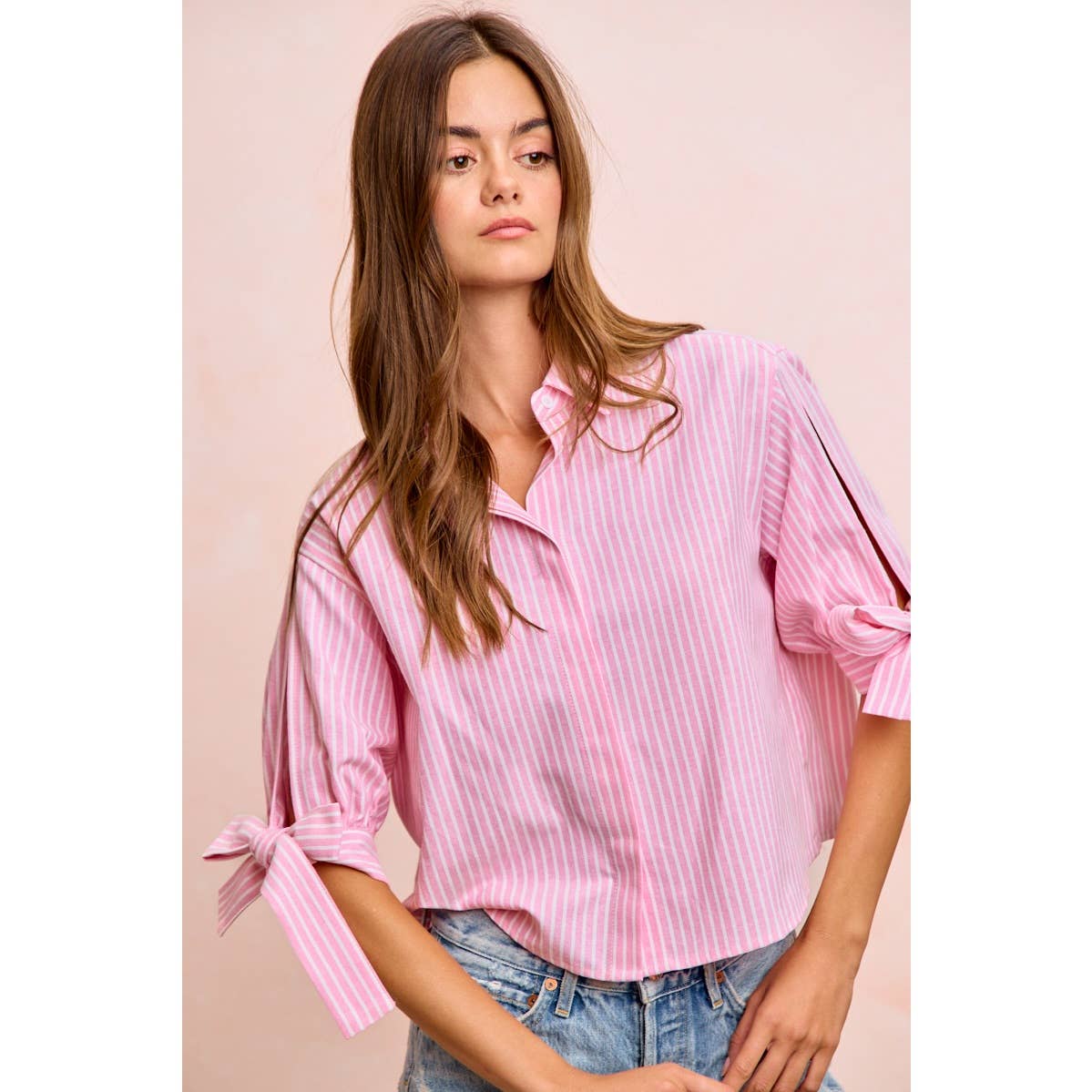 Stripe Woven Button-Up Top with Tied Sleeves