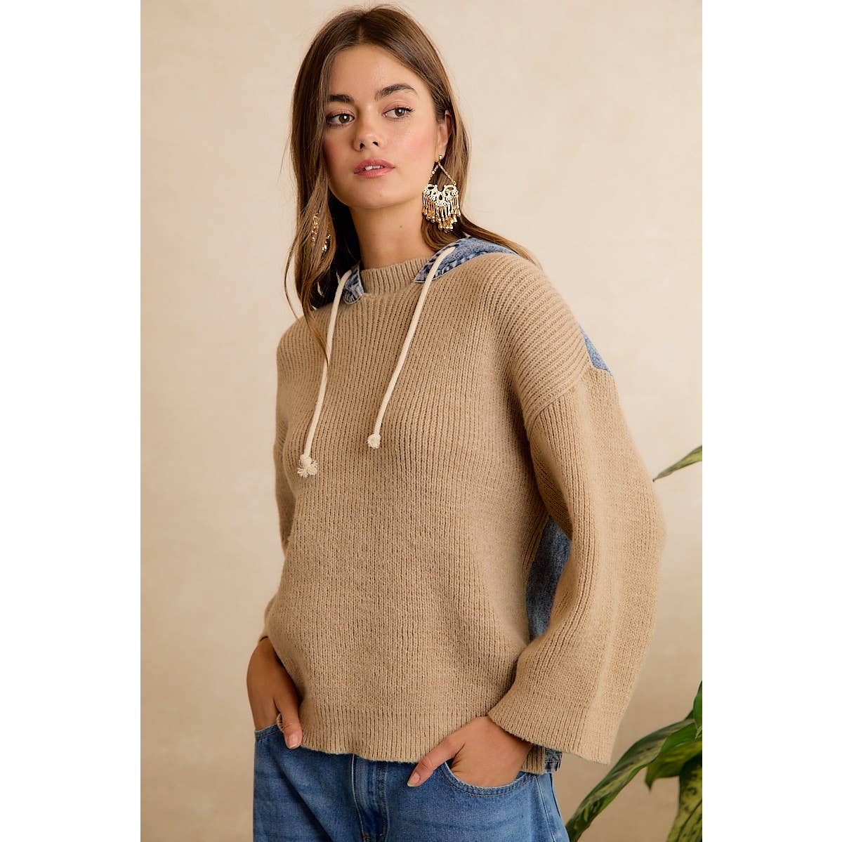 Denim Contrast Hooded Knit Pullover Top