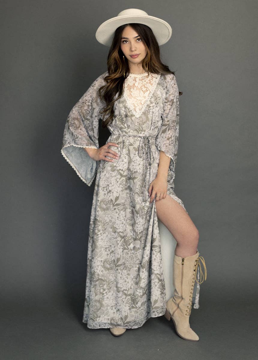 Joyfolie Sunni Lace Bell-Sleeve Maxi Dress - Neutral Hydrangea