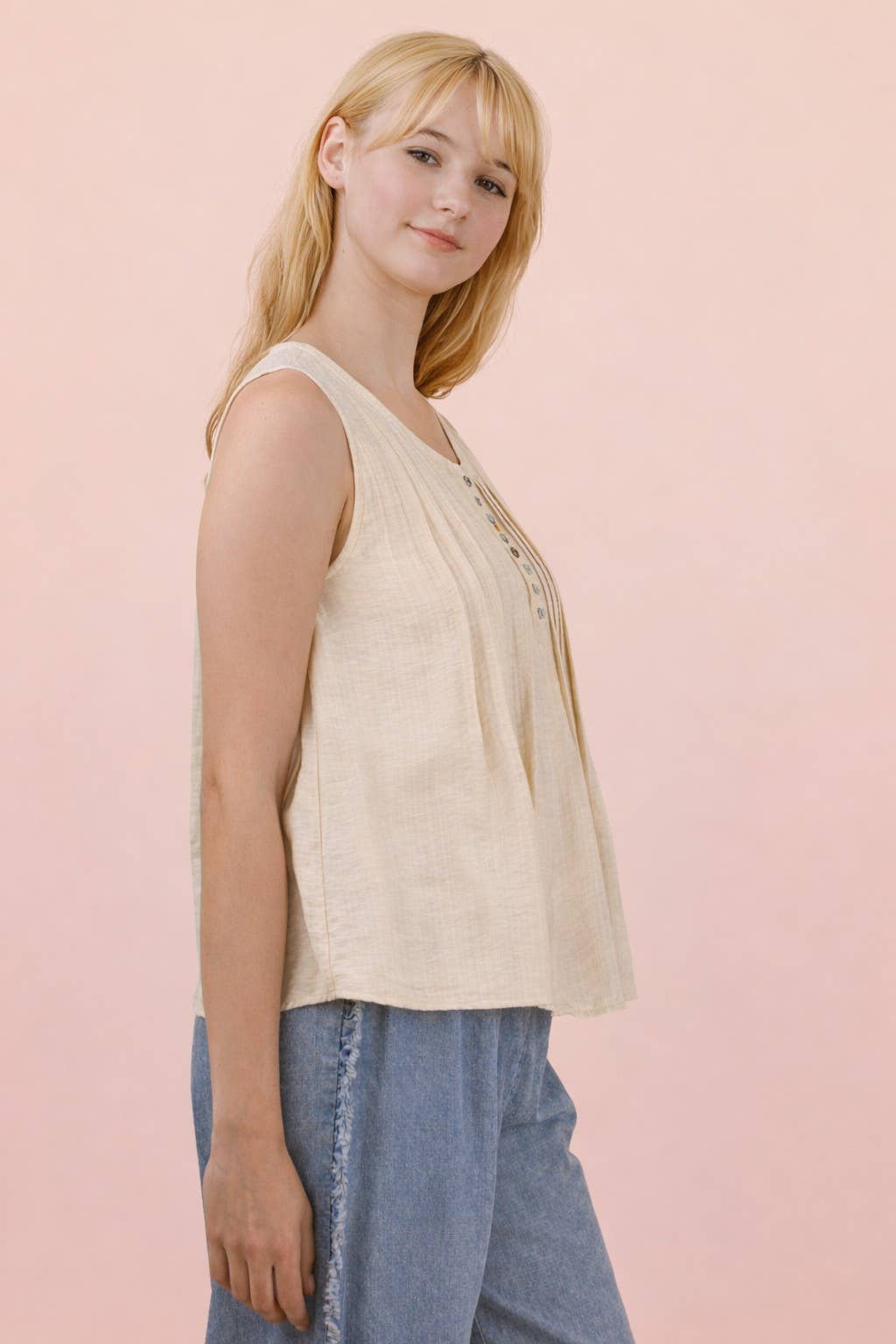 Very J Half-Button Pintuck Sleeveless Woven Top (JR Fit)