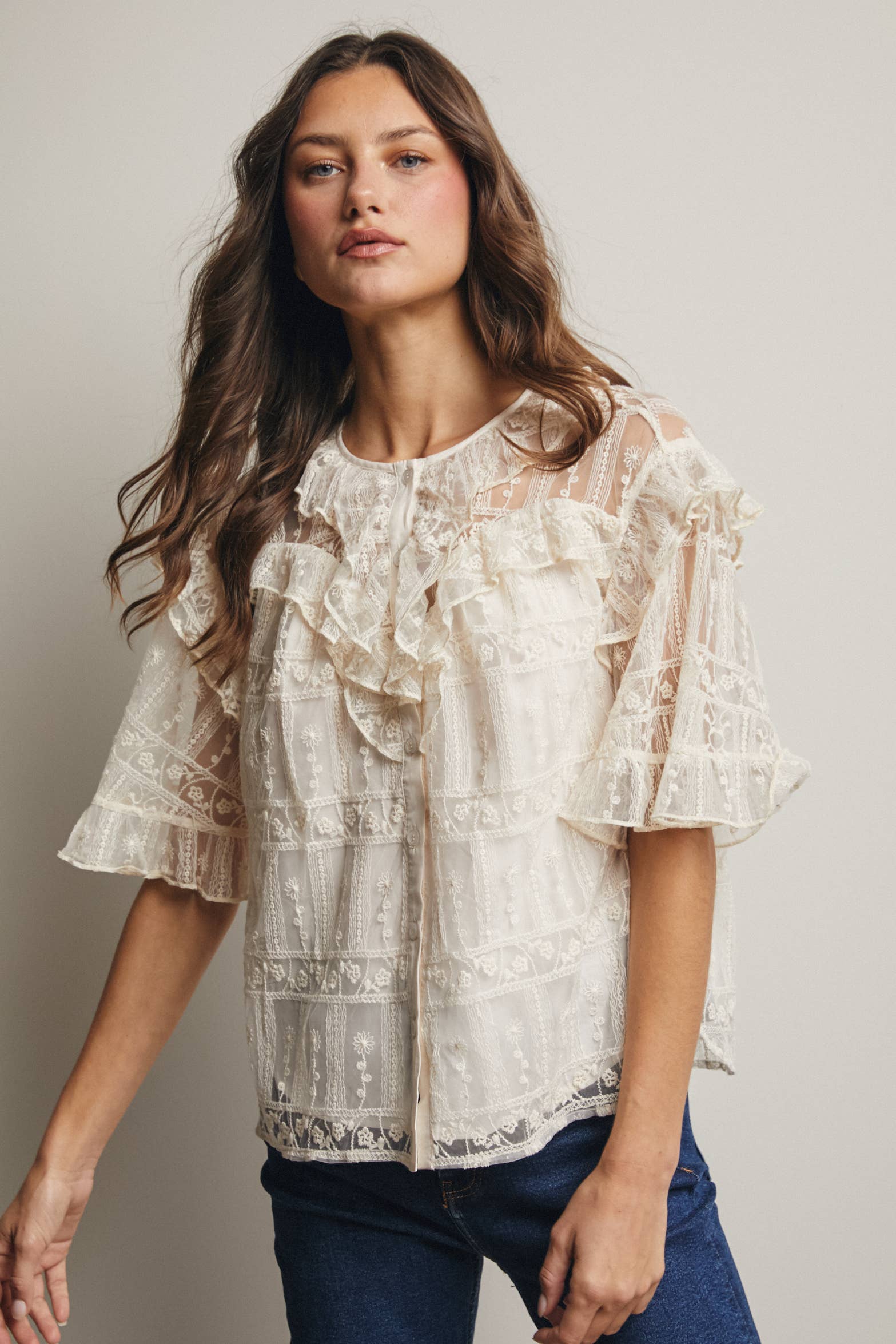 Embroidered Ruffle Lace Blouse - 926 West