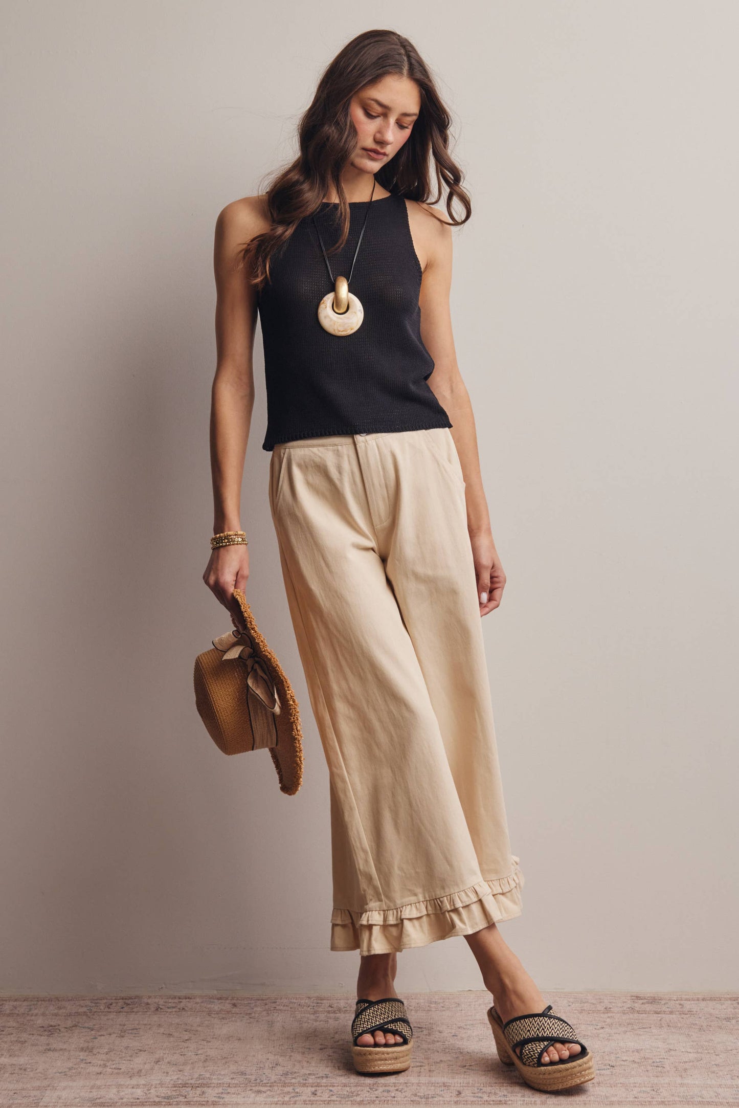 Forte - Ruffle Hem Wide-Leg Pants