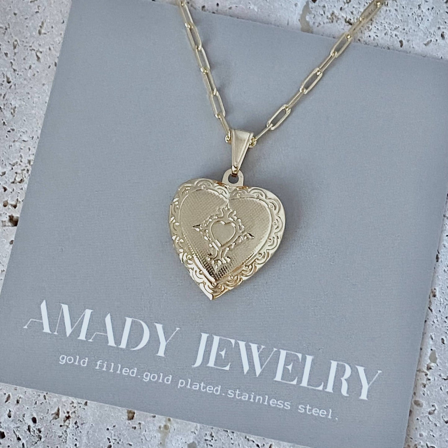 Heart Lock locket necklace engraved love gold filled photo 