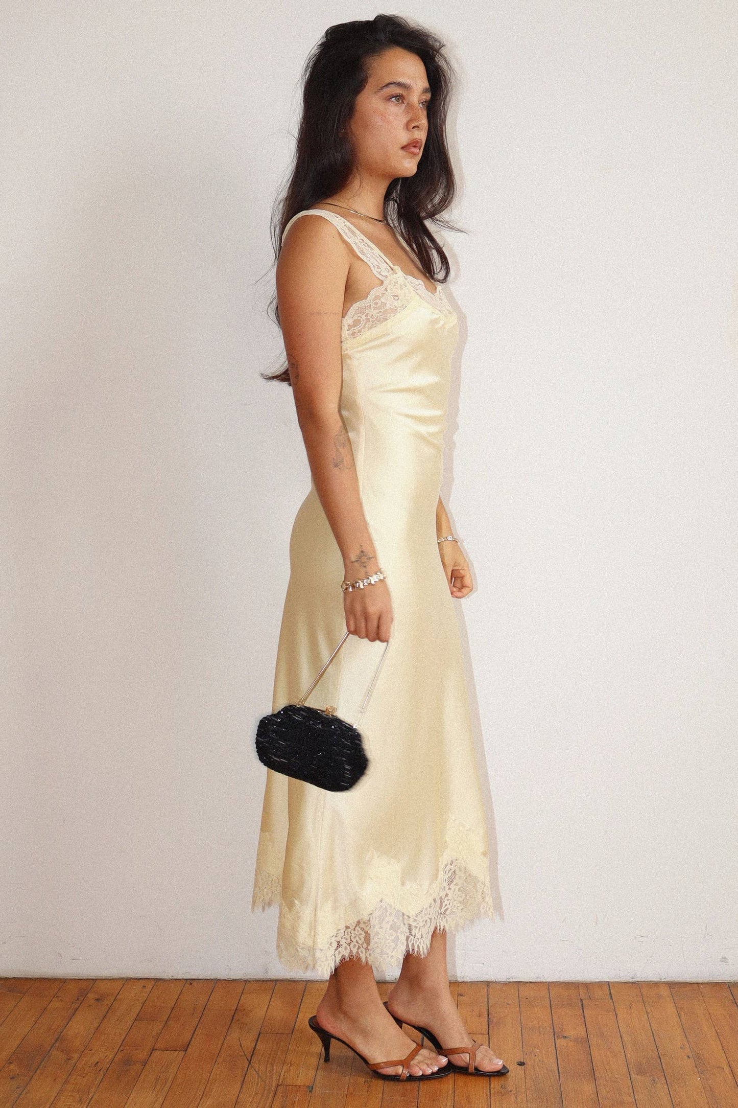 Lace Trim Satin Midi Dress