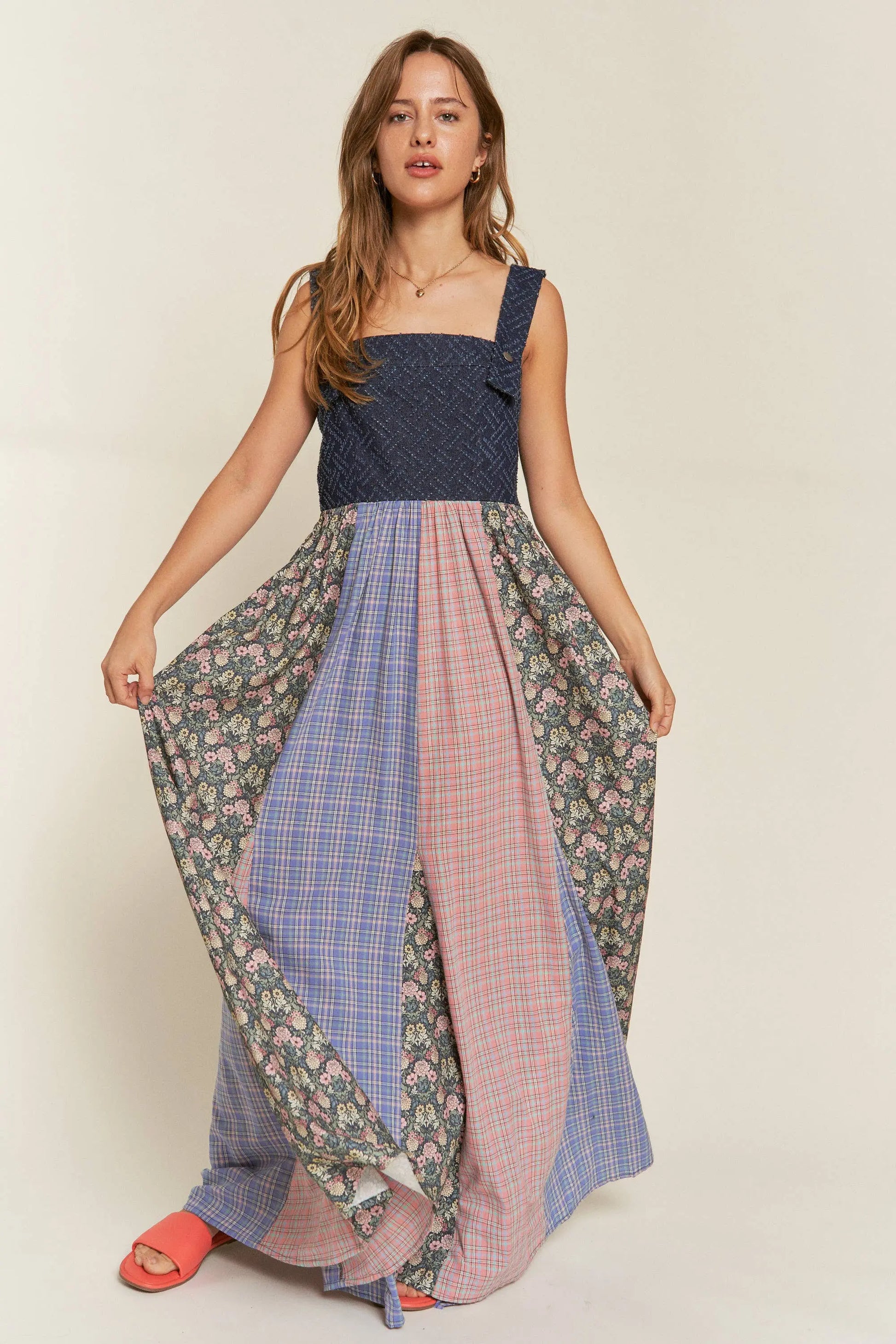 Becky- VINTAGE PLAID/FLORAL & DENIM SUSPENDER MAXI DRESS 926 West