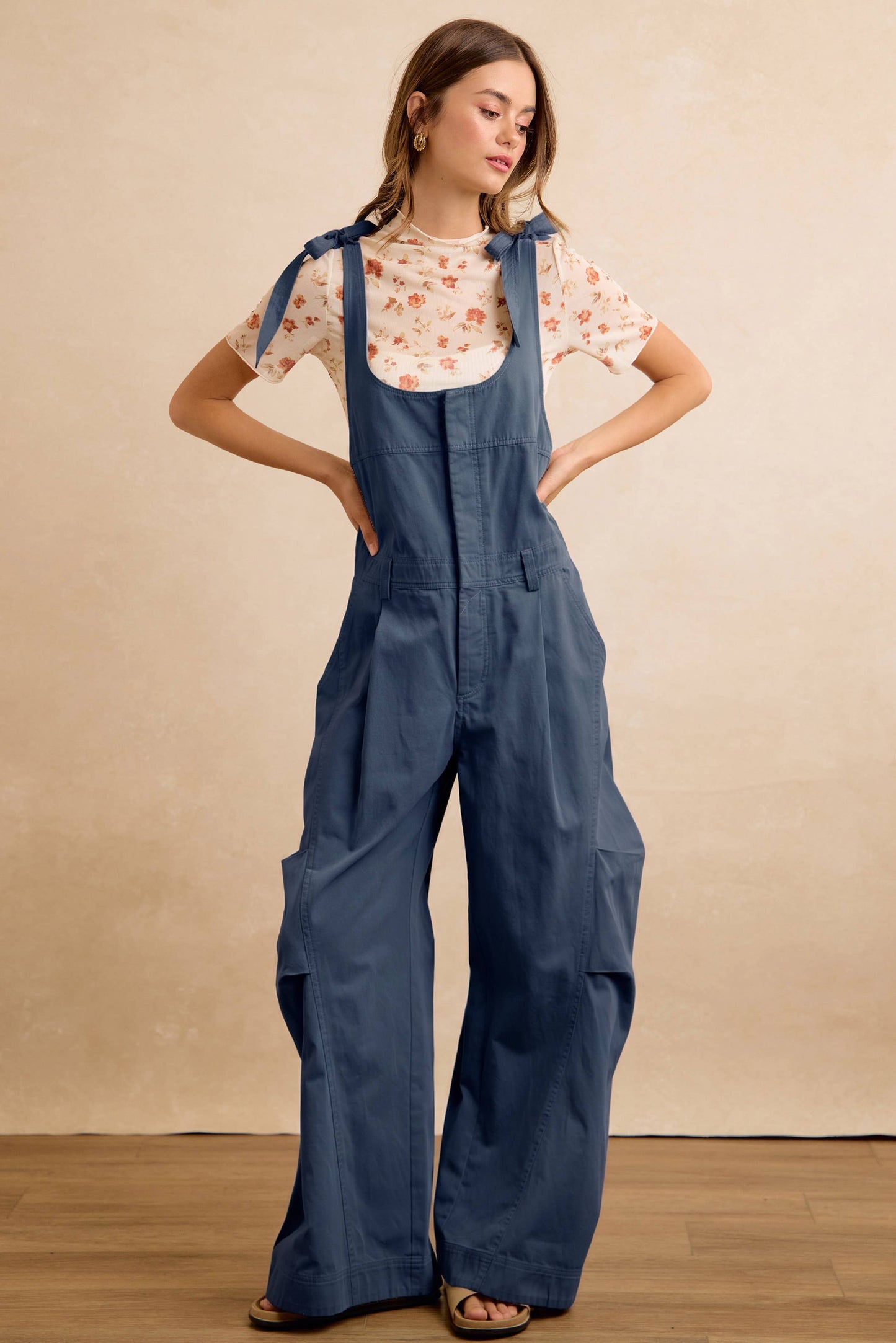 Solid Barrel Style Jumpsuit with Adjustable Strap