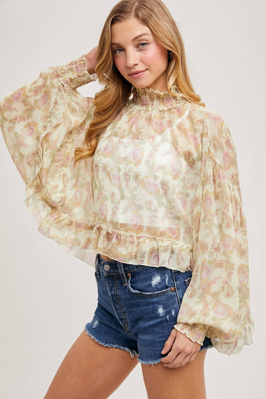 FLORAL PRINT RUFFLED MOCK NECK DOLMAN SLEEVE CHIFFON TOP Bluivy