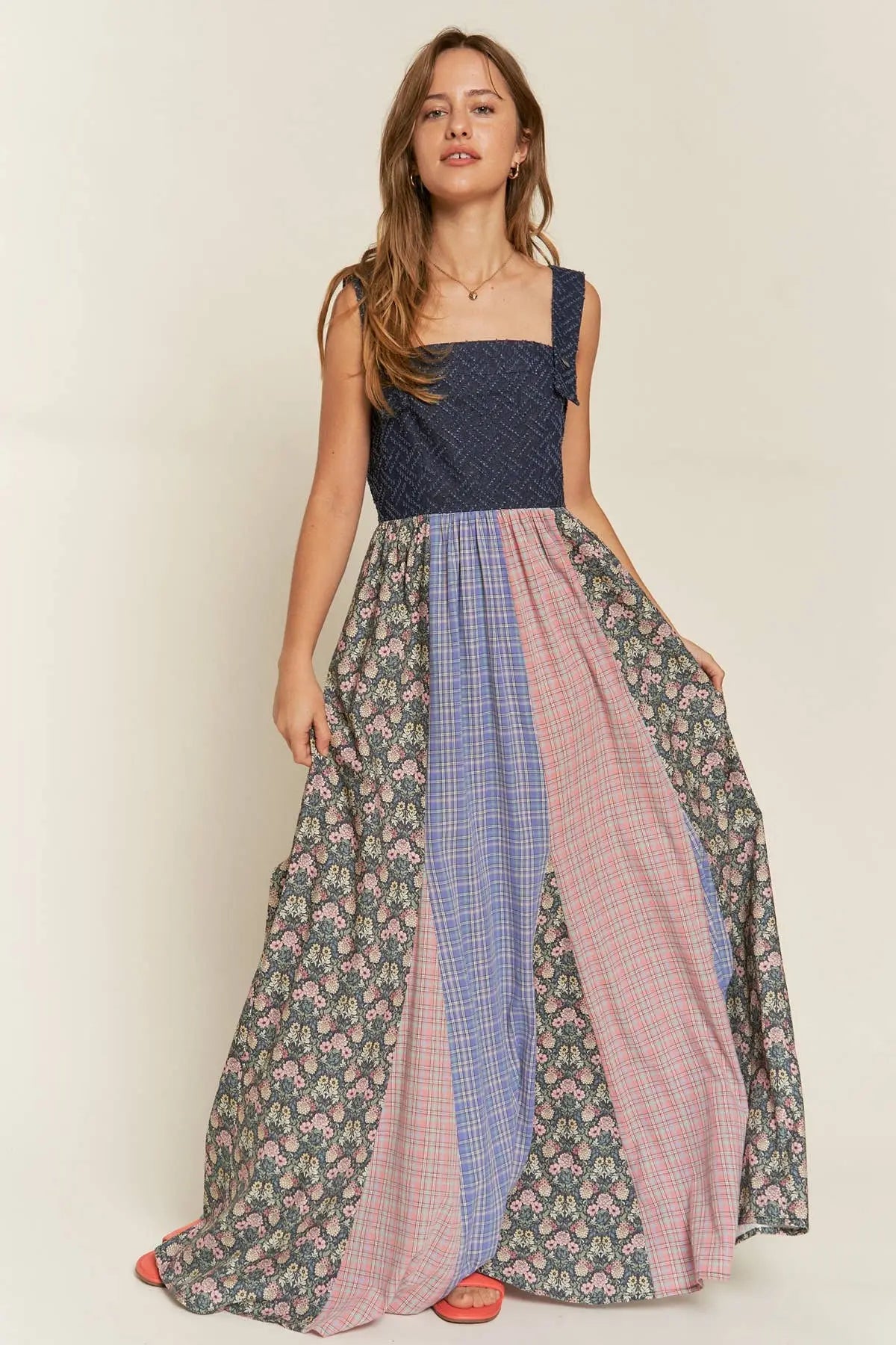 Becky- VINTAGE PLAID/FLORAL & DENIM SUSPENDER MAXI DRESS 926 West