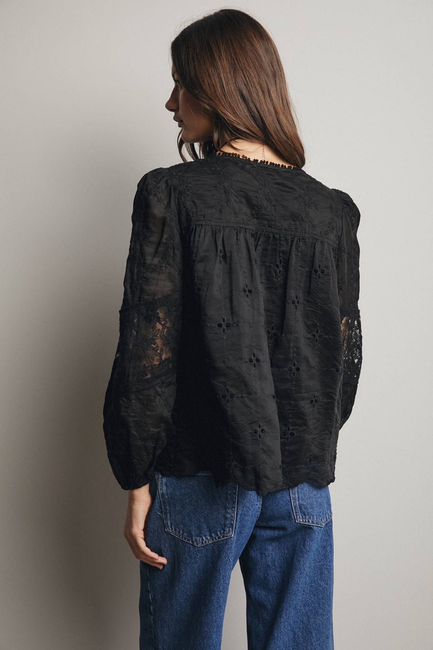 Forte - Embroidered Lace Puff Sleeve Blouse