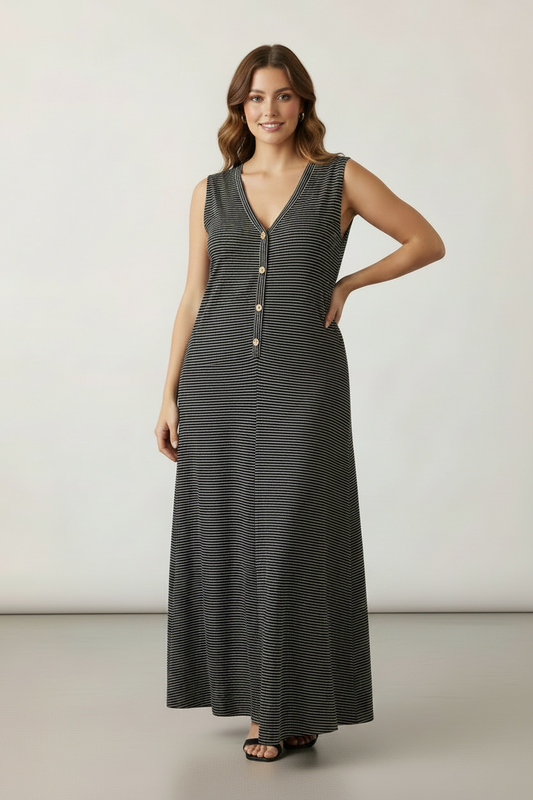 VERY J- Plus Size Striped Knit Button Down Jumpsuit