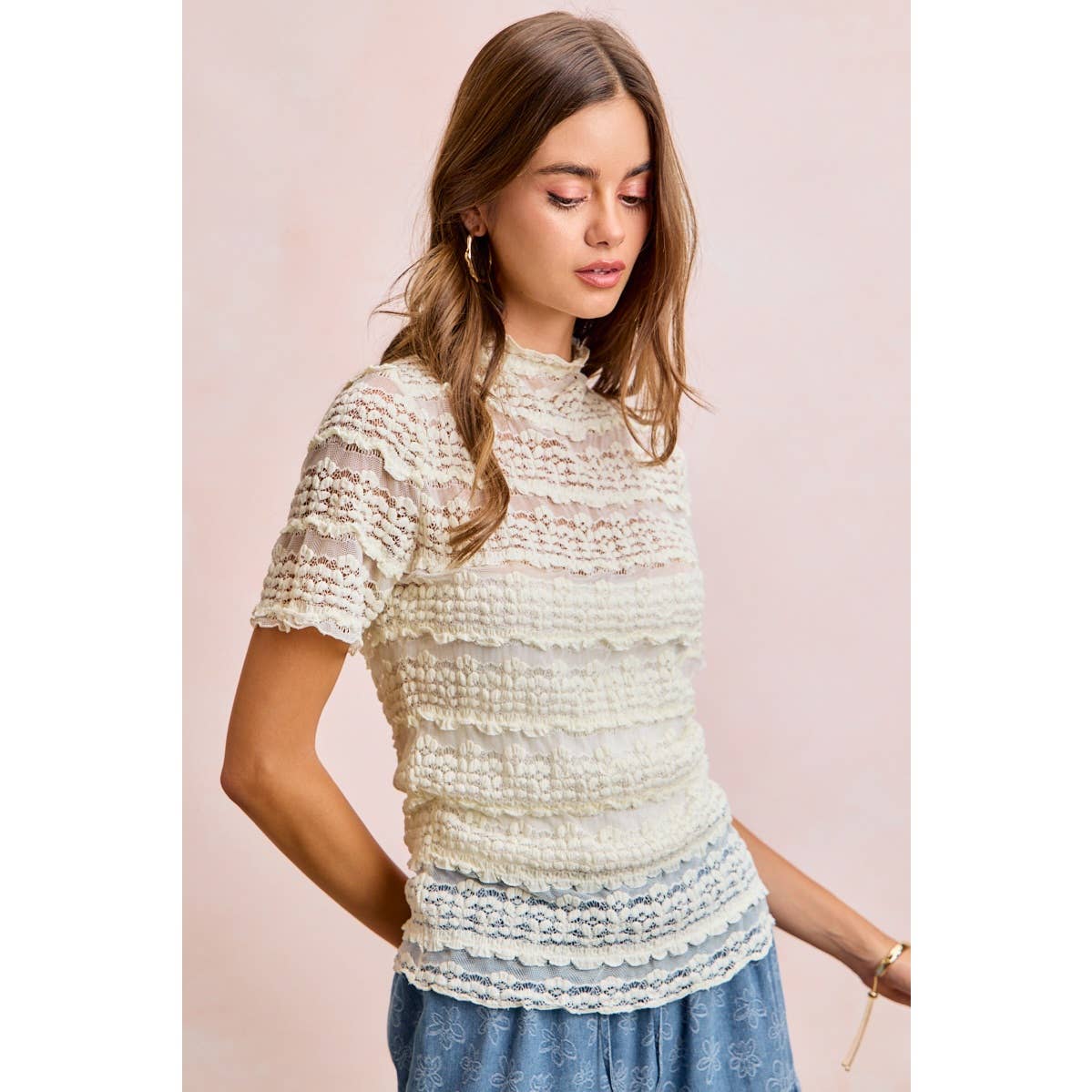 Short Sleeve Ruffle Floral Lace Top