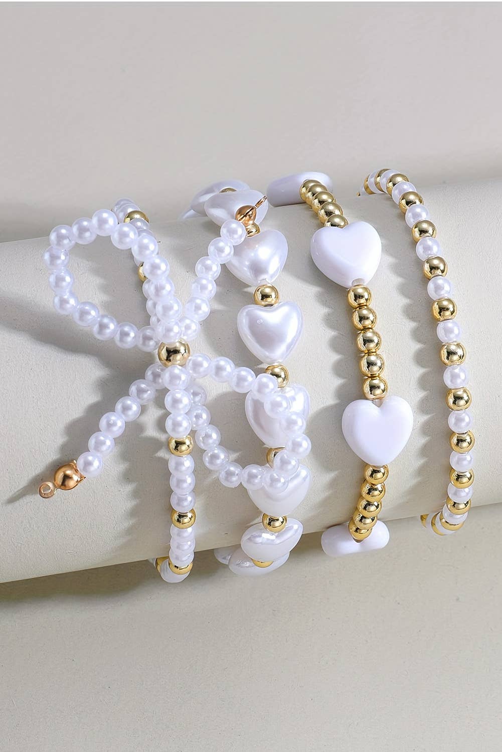 Bow Knot Heart Shape Faux Pearl Beaded Bracelet Set 926 WEST
