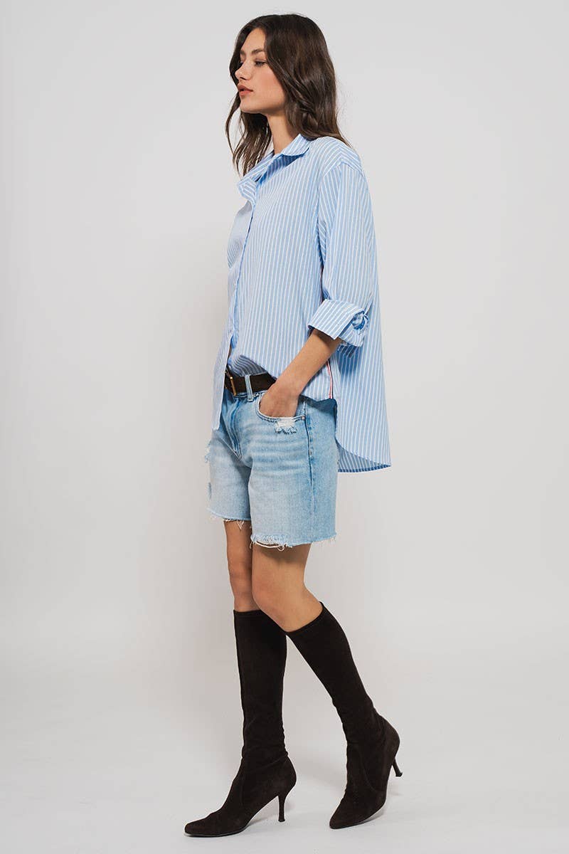 Striped Twill Tape Detail Statement Button Shirt Urban Daizy