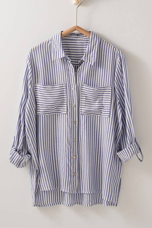 Relaxed Fit Vertical Striped Rayon Button Down Shirt Urban Daizy