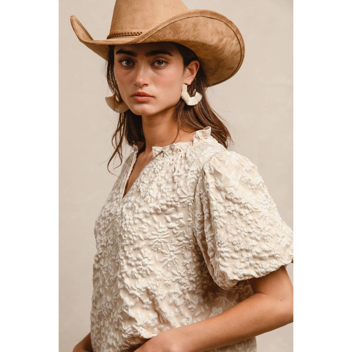 Floral Texture Balloon Sleeve V-Neck Top