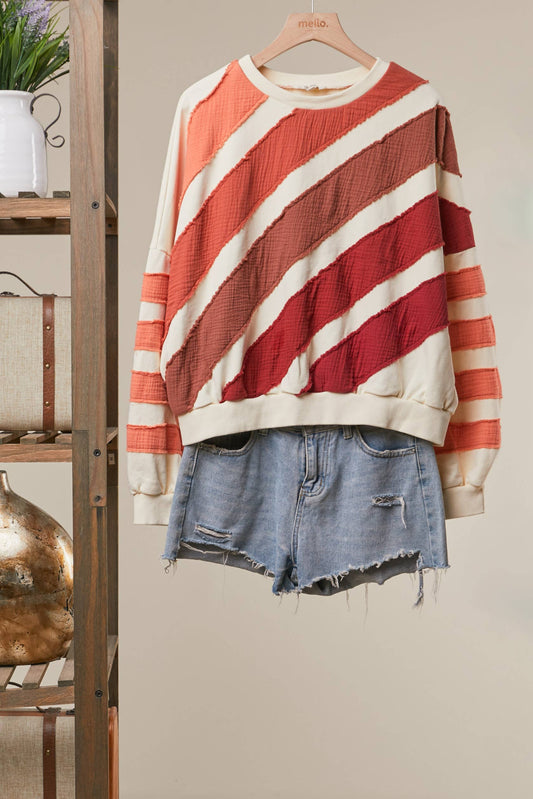 Mello. Rust Colorblock Textured Stripe Pullover Top