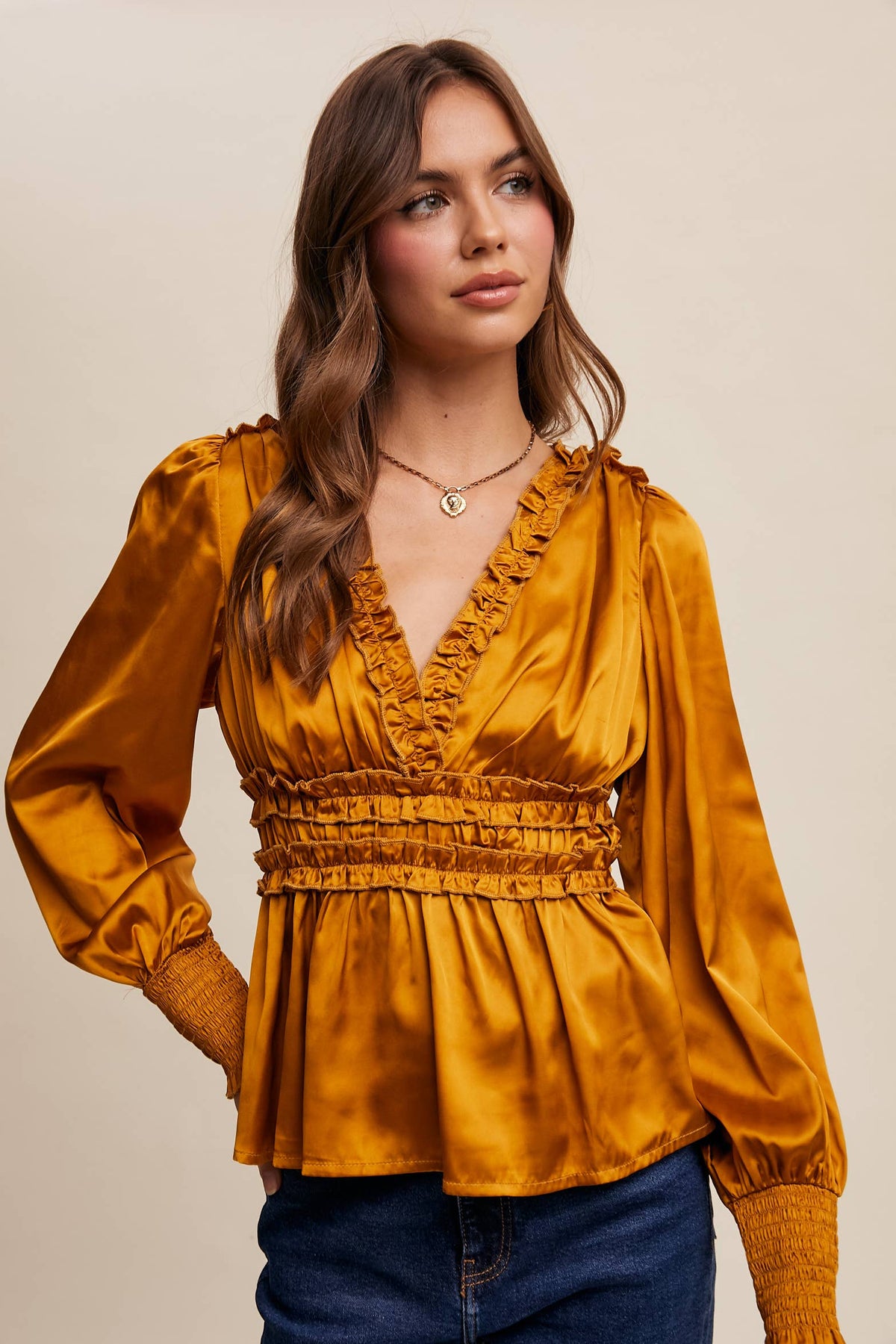 Butter Scotch Ruffle-Trim Satin Peplum Blouse