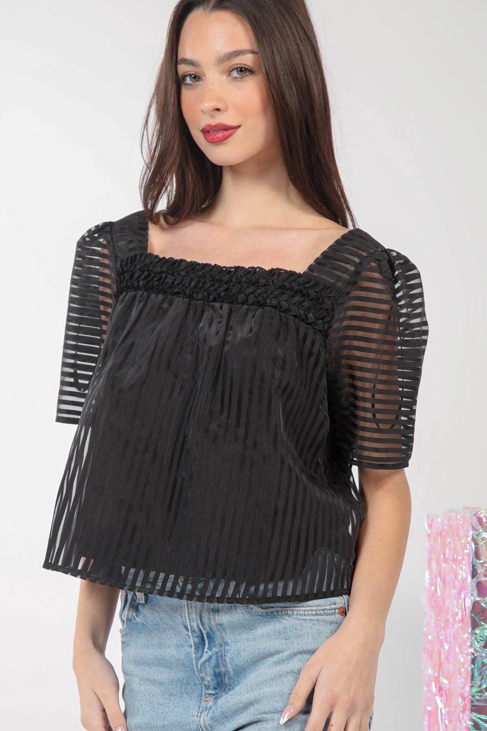 VERY J - Puff Sleeve Organza Stripe Sheer Blouse Top - 926 West