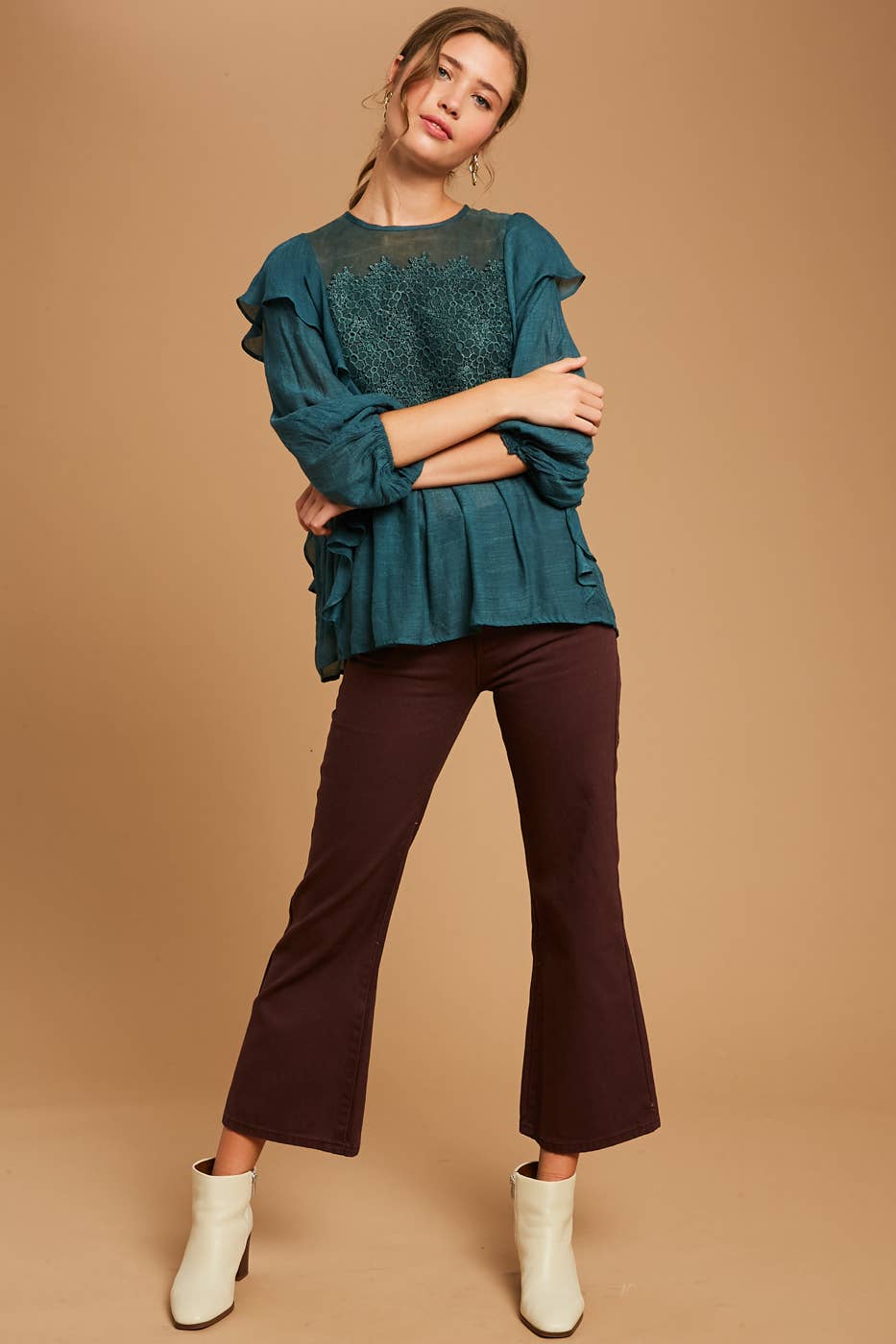 Emerald Green Floral Lace Ruffle Peasant Blouse