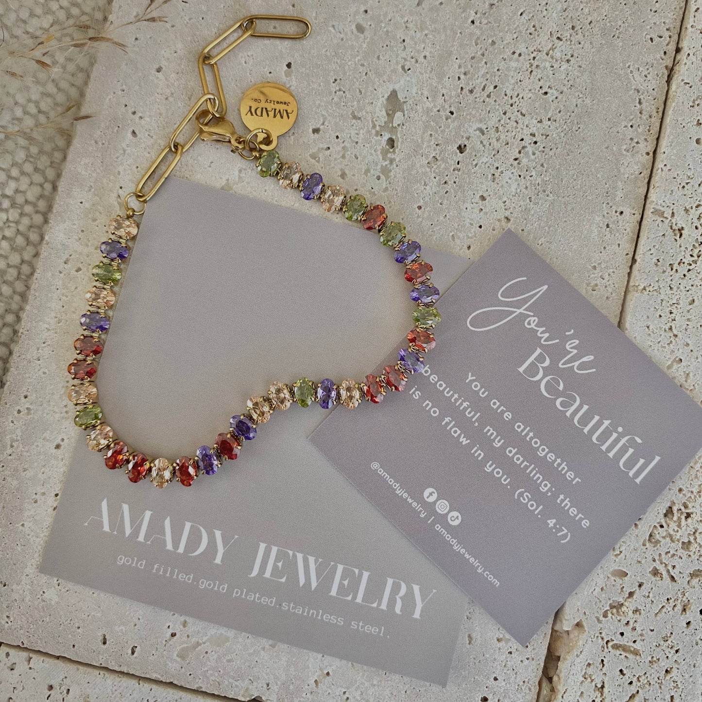 Multi colored tennis bracelet cubic zirconia stainless steel