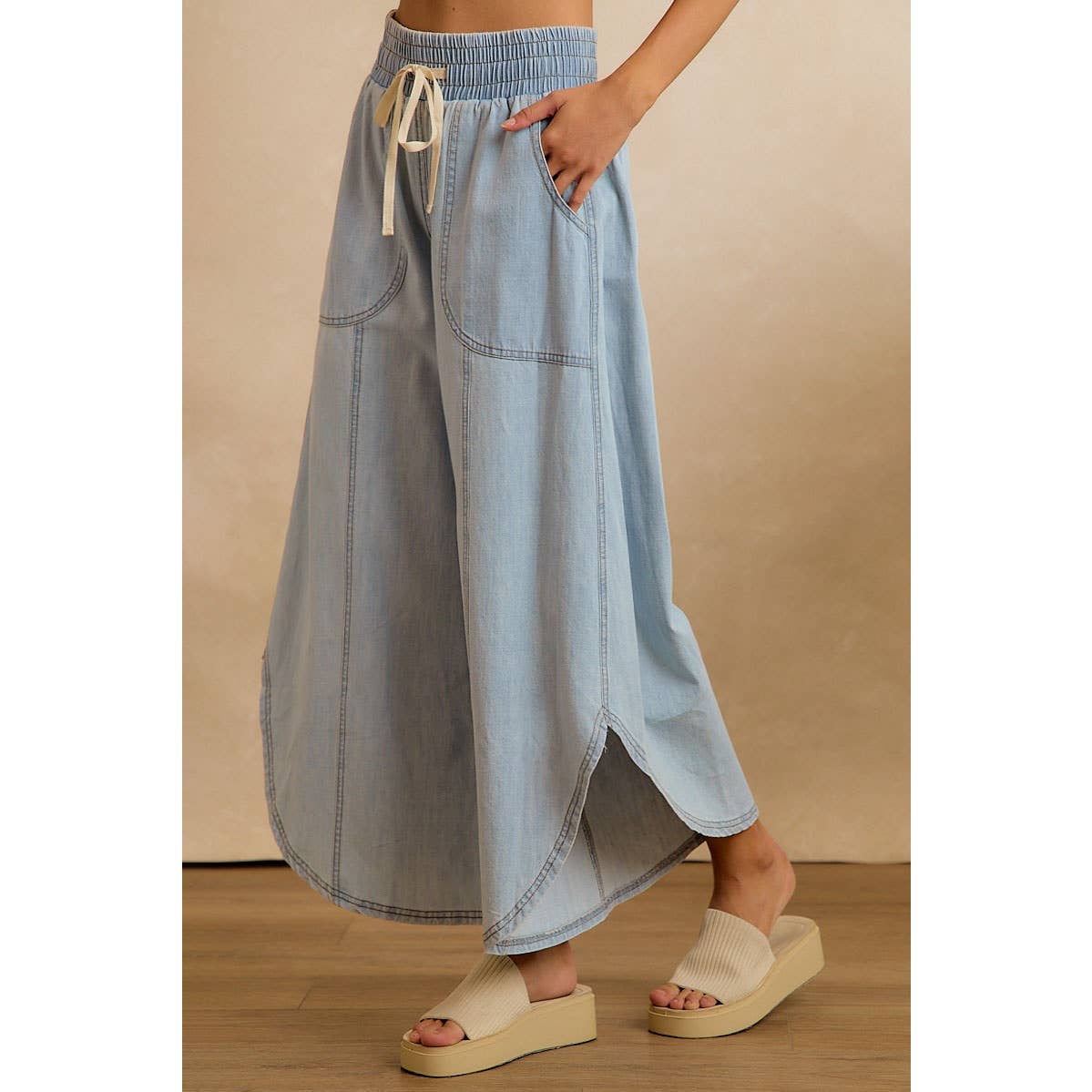 BiBi Washed Denim Tulip-Hem Pants with Pockets