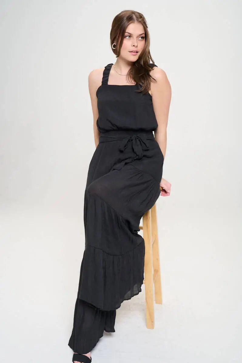 Women's Black ELASTIC STRAP TIERED JUMPSUIT 926 West