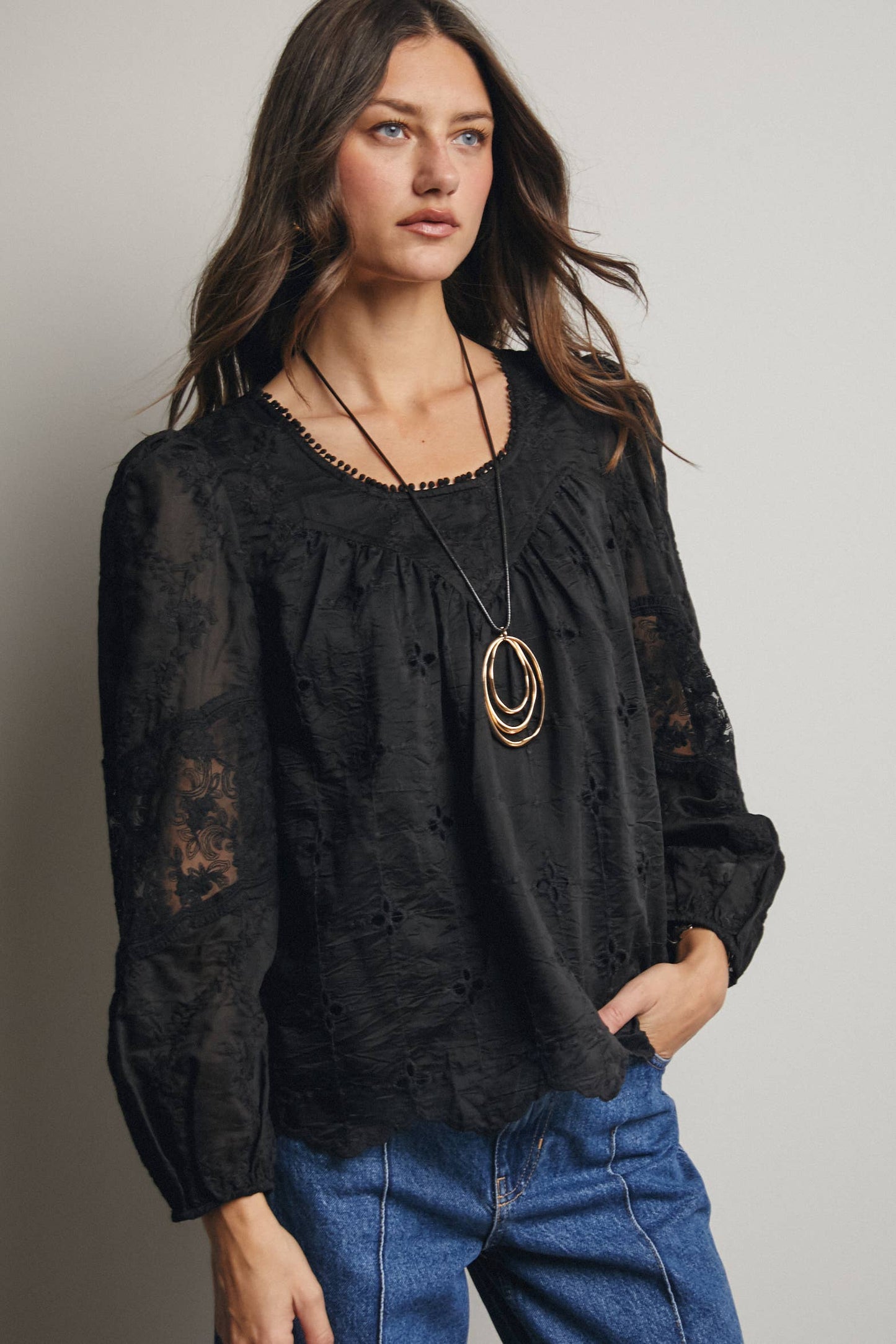 Forte - Embroidered Lace Puff Sleeve Blouse