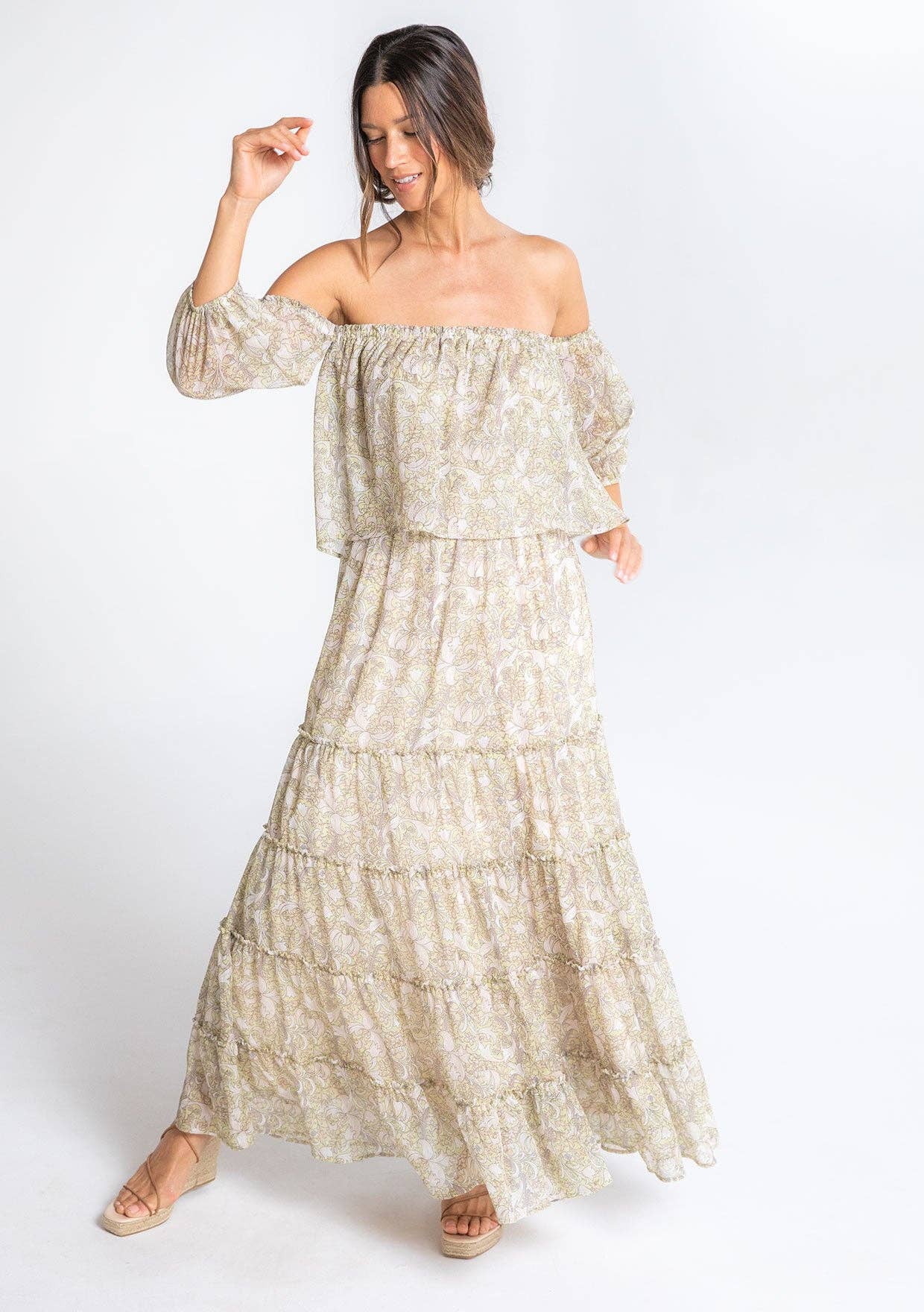 Paisley Off Shoulder Long Sleeve Maxi Dress 926 WEST