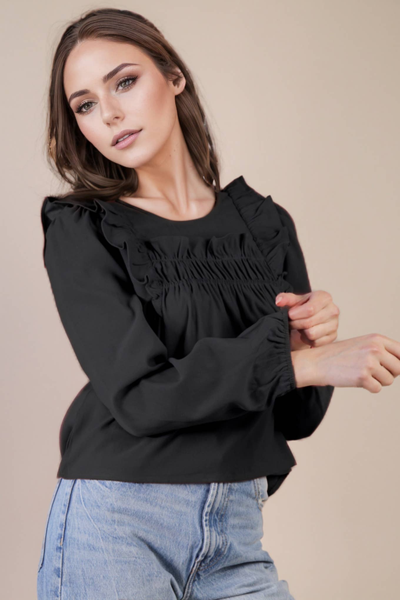 VERY J -Casual Ruffle Shoulder Woven Blouse Top