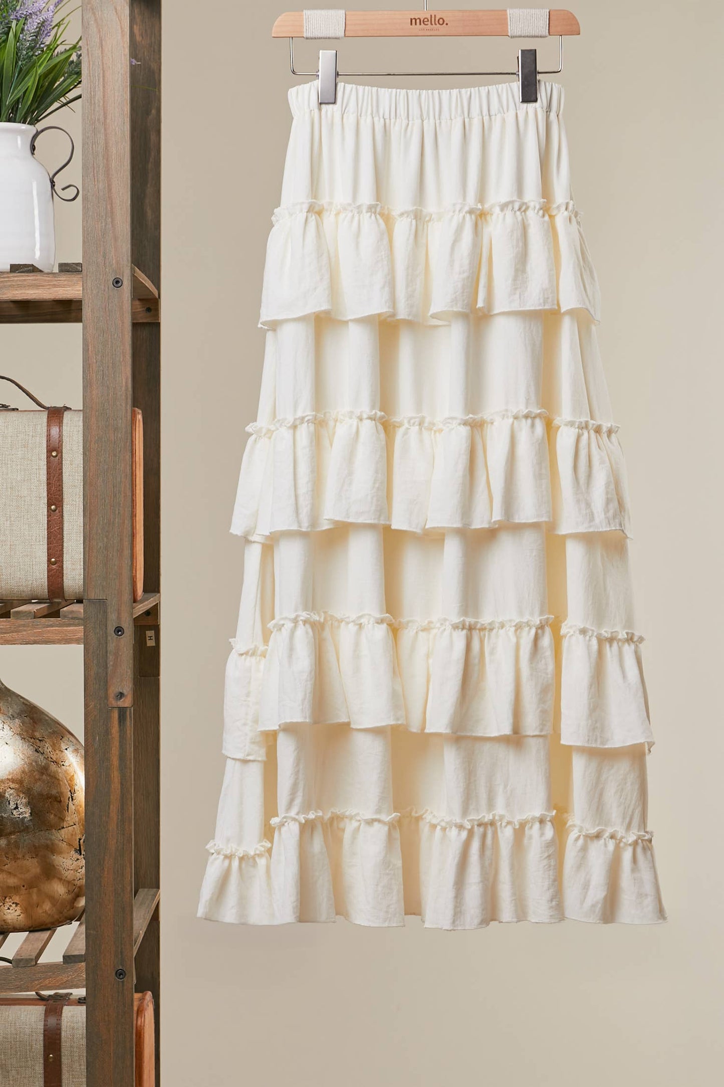 Mello - Ivory Tiered Ruffle Skirt | Feminine Flowy Midi Skirt - 926 West