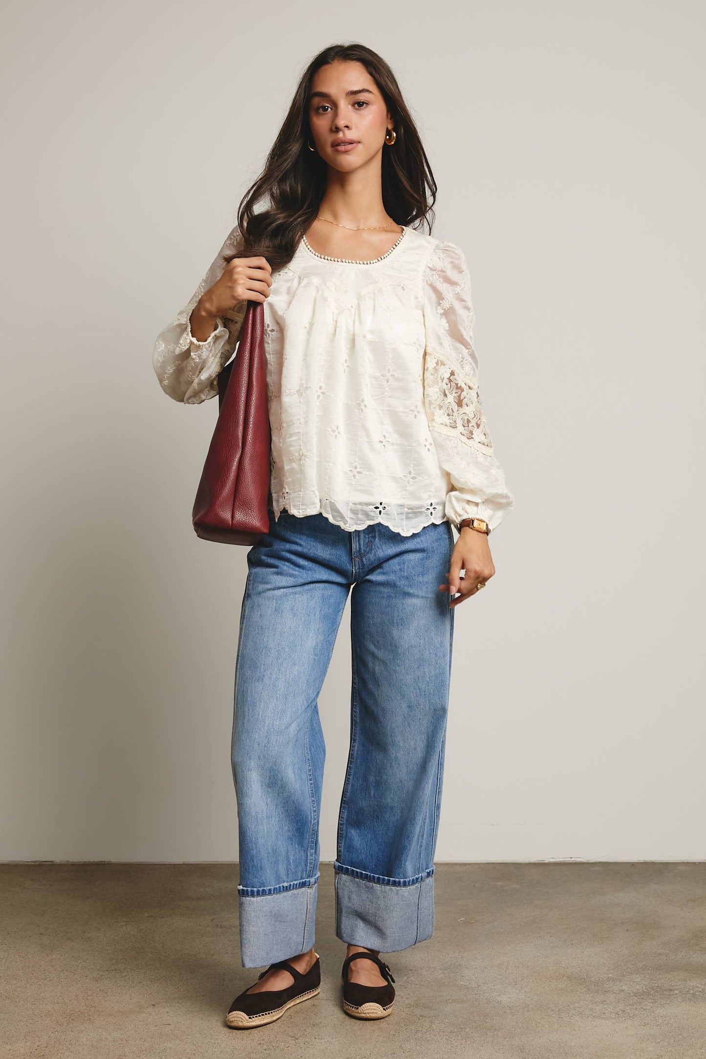 Forte - Embroidered Lace Puff Sleeve Blouse