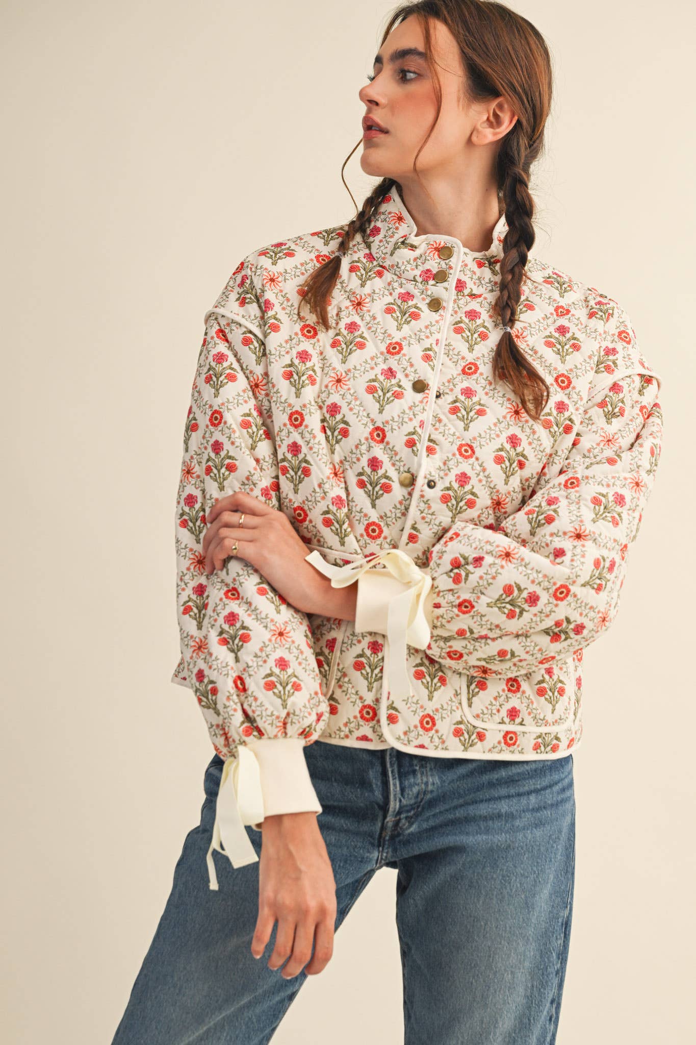 FLORAL QUILTED JACKET WITH RIBBON DETAIL MJK4431 &MERCI