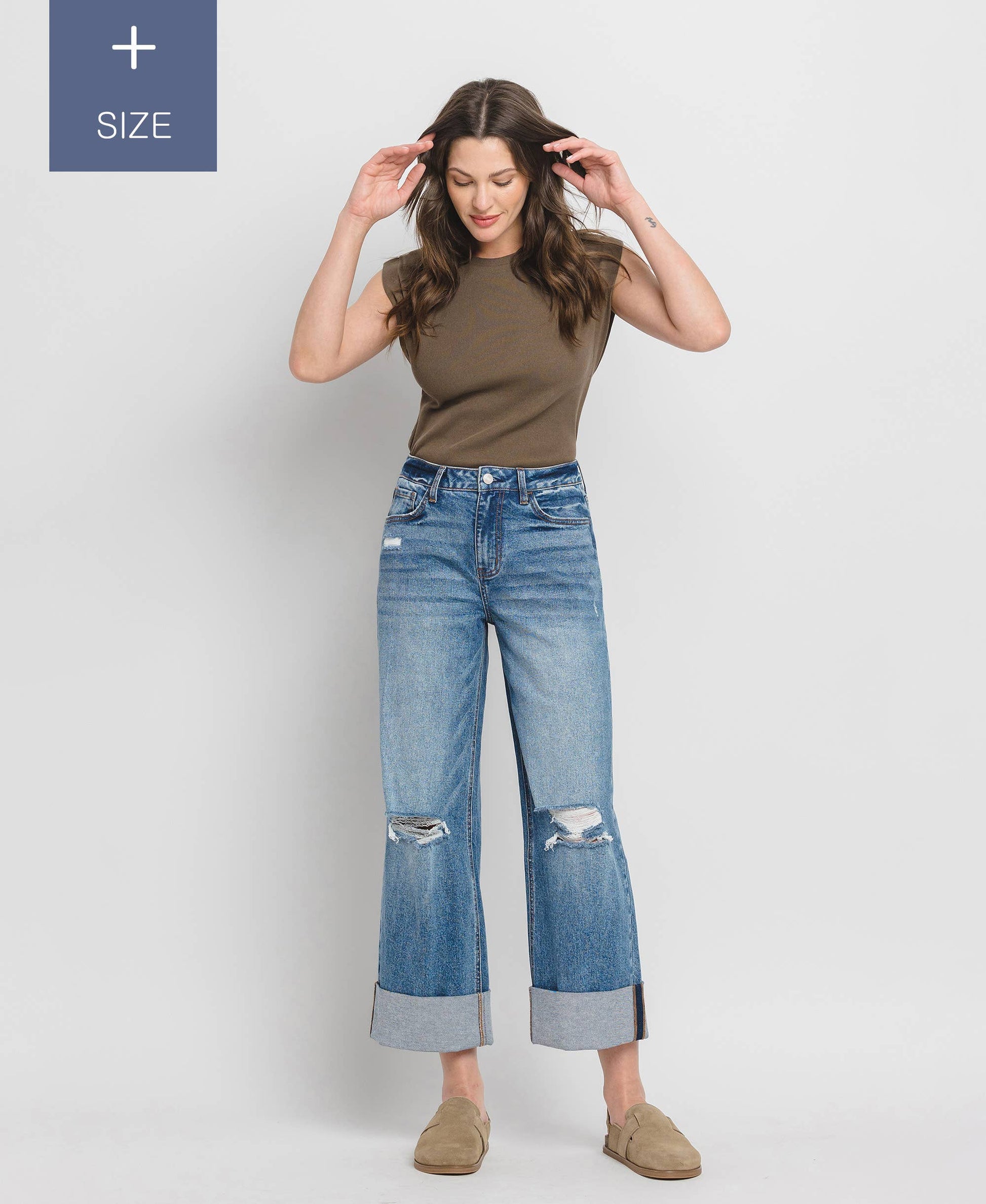 PLUS SIZE SUPER HIGH RISE CUFFED BAGGY WIDE JEANS LV1459-P Lovervet by VERVET