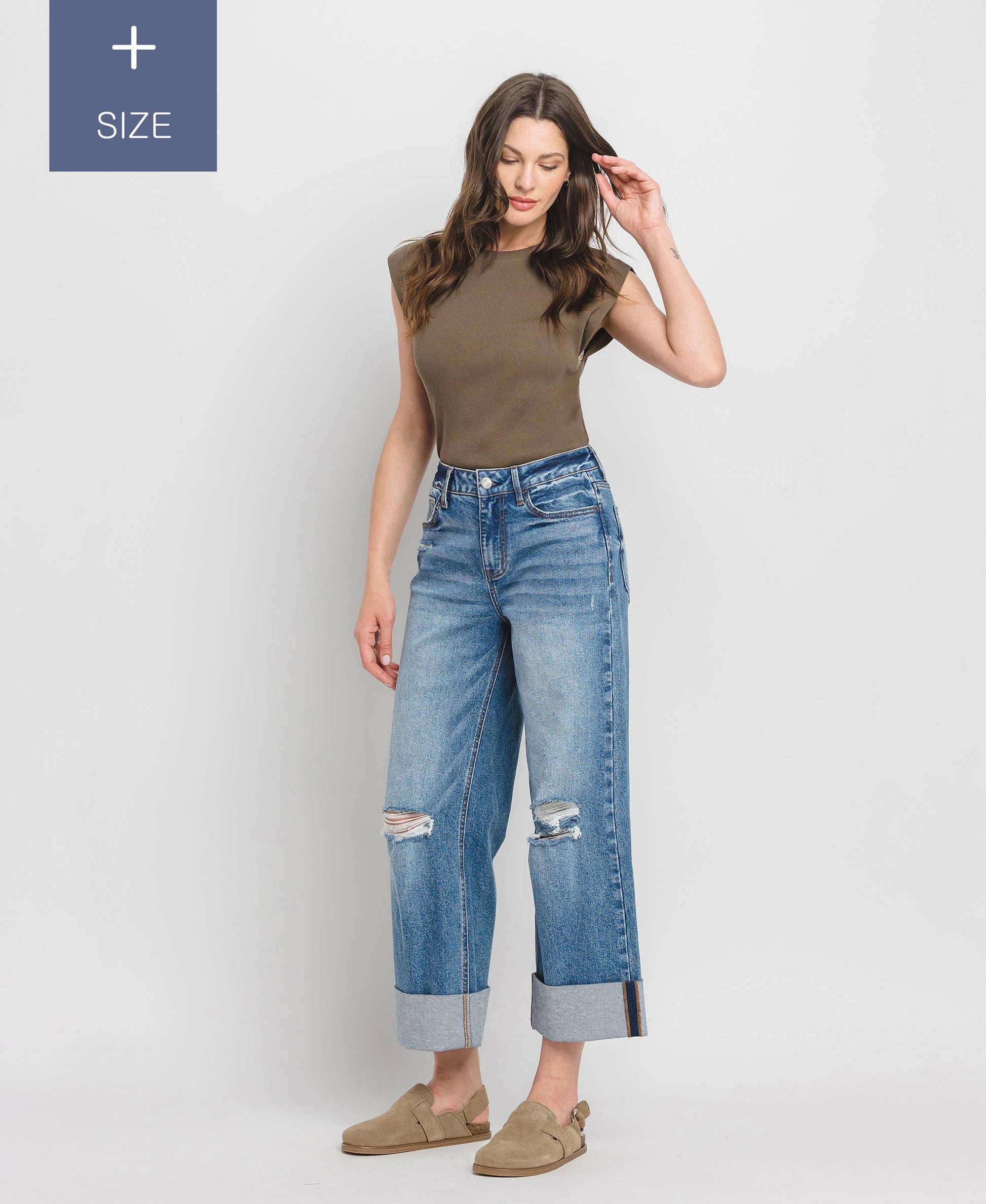 PLUS SIZE SUPER HIGH RISE CUFFED BAGGY WIDE JEANS LV1459-P Lovervet by VERVET