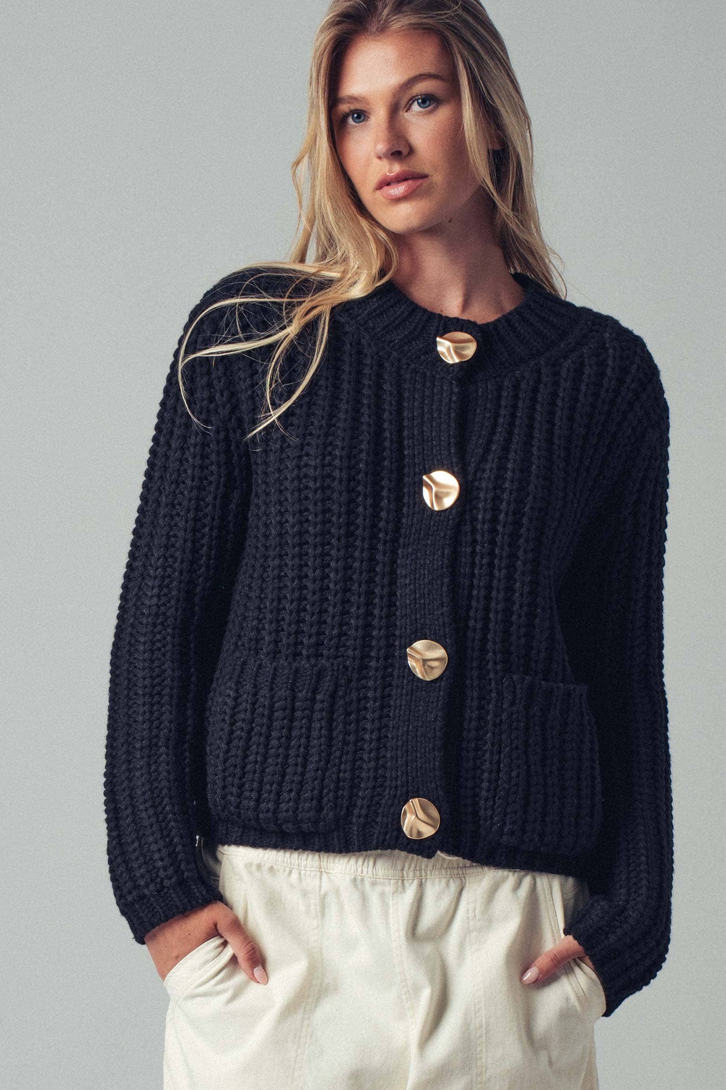 Chunky Gold Button Ribbed Knit Cardigan Urban Daizy