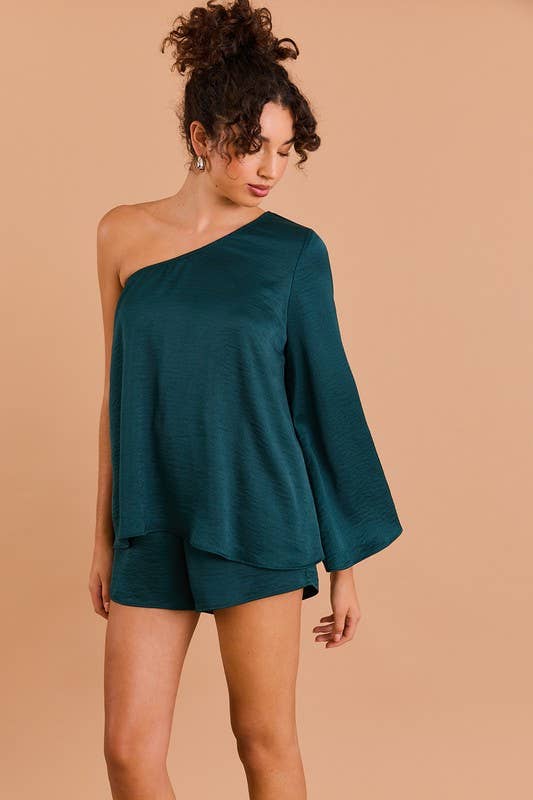 FINAL SALE- LONG SLEEVE ONE SHOULDER LAYERED TOP ROMPER 926 WEST