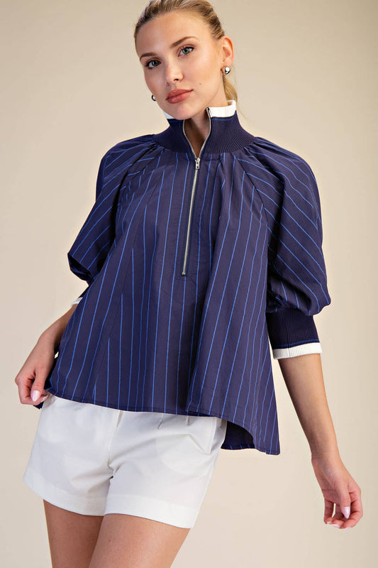GLAM - Mock Neck Band Puff Sleeve Blouse