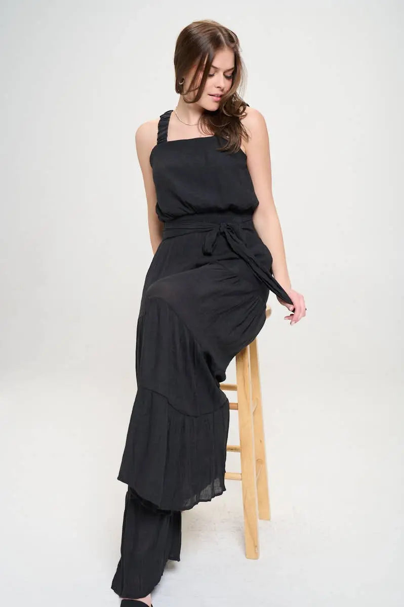 Women's Black ELASTIC STRAP TIERED JUMPSUIT 926 West