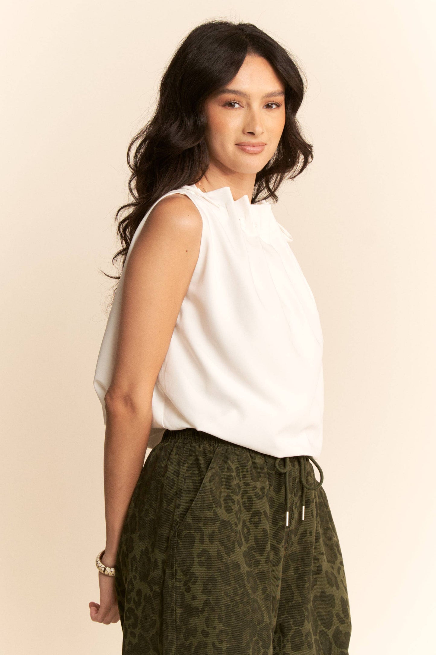 SOLID SLEEVELESS COWL NECK TIE DETAIL TOP