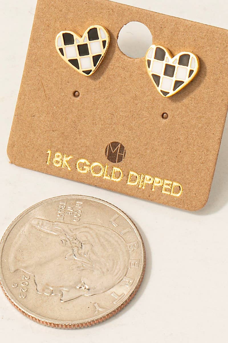 Gold Dipped Epoxy Checkered Heart Stud Earrings Fame Accessories