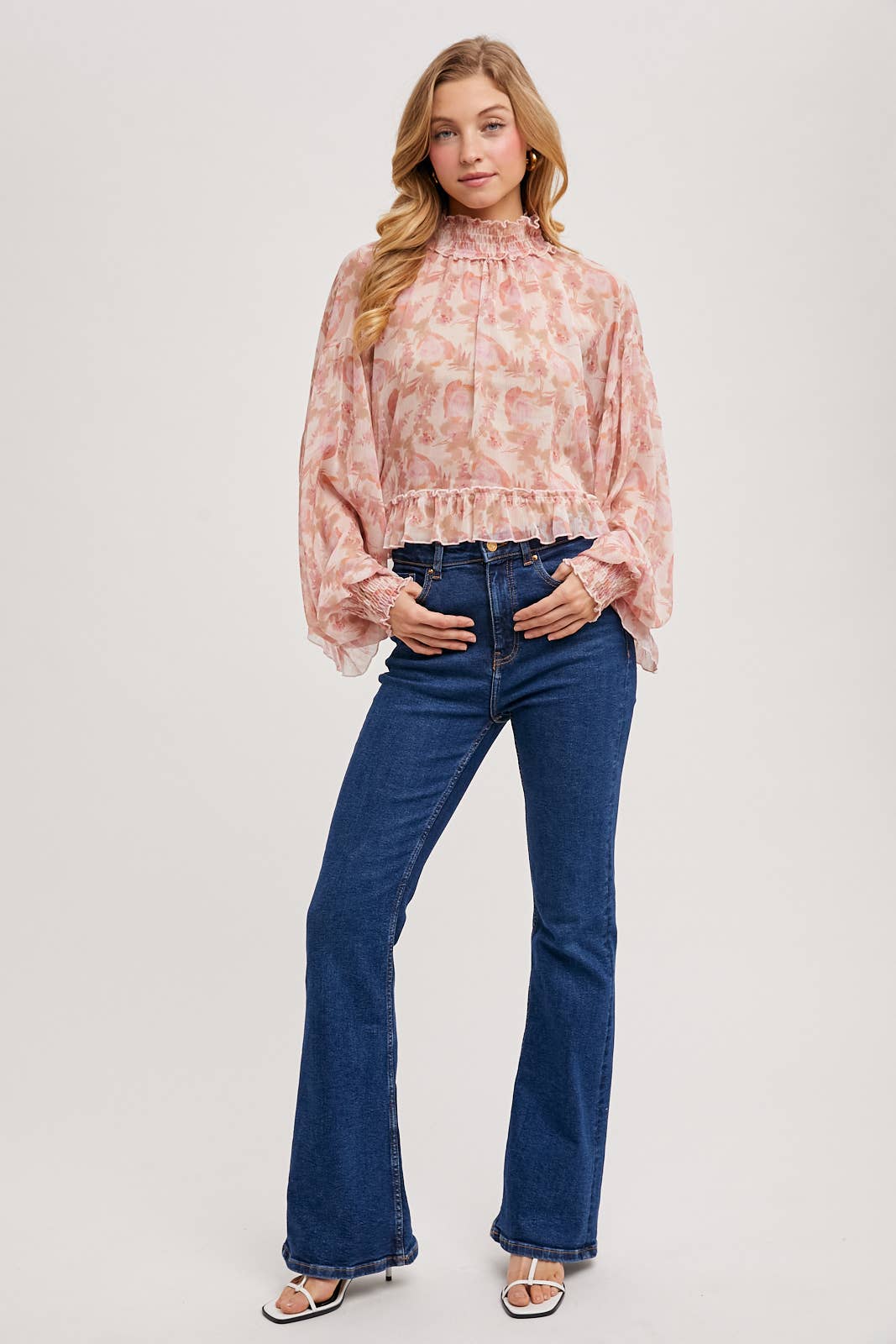 FLORAL PRINT RUFFLED MOCK NECK DOLMAN SLEEVE CHIFFON TOP Bluivy