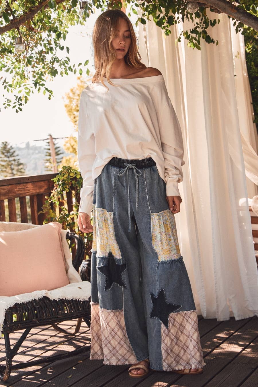 Oddi - Mixed Fabric Patchwork Wide Leg Pants