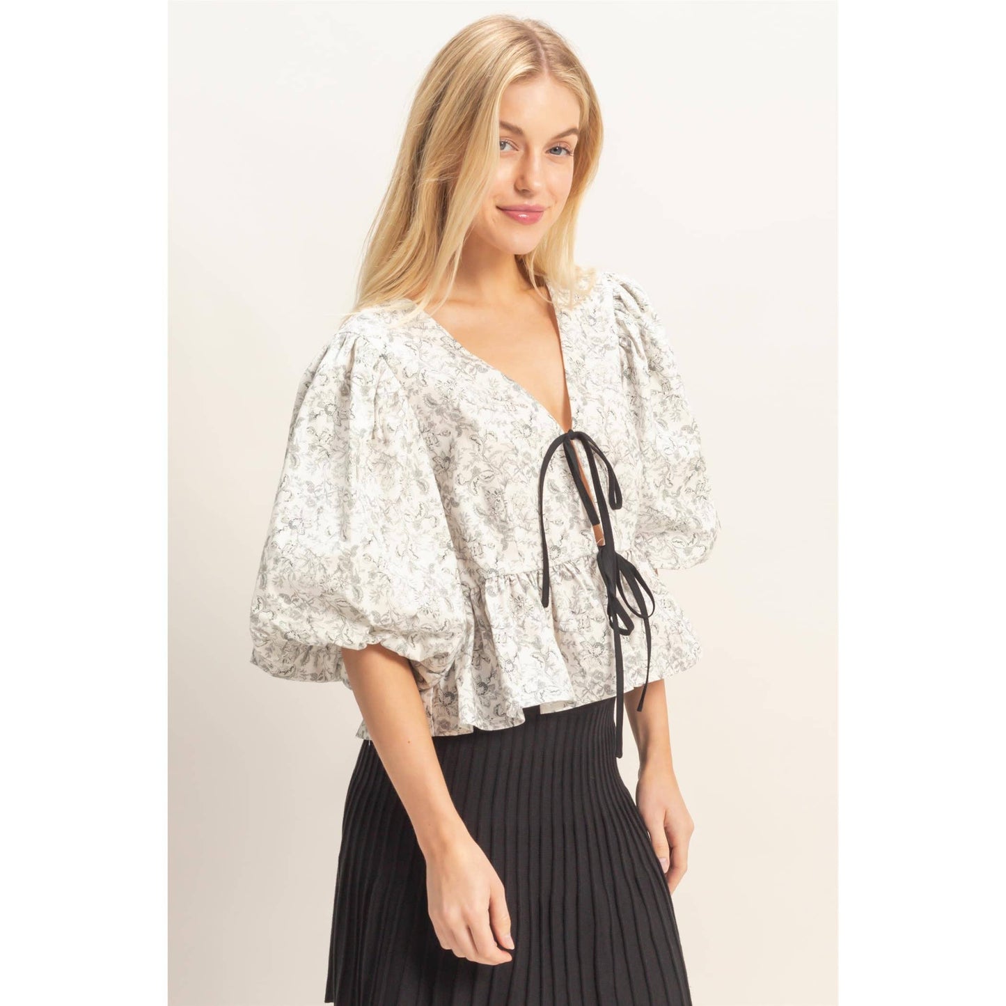 HYFVE -Floral Tie-Front Peplum Top