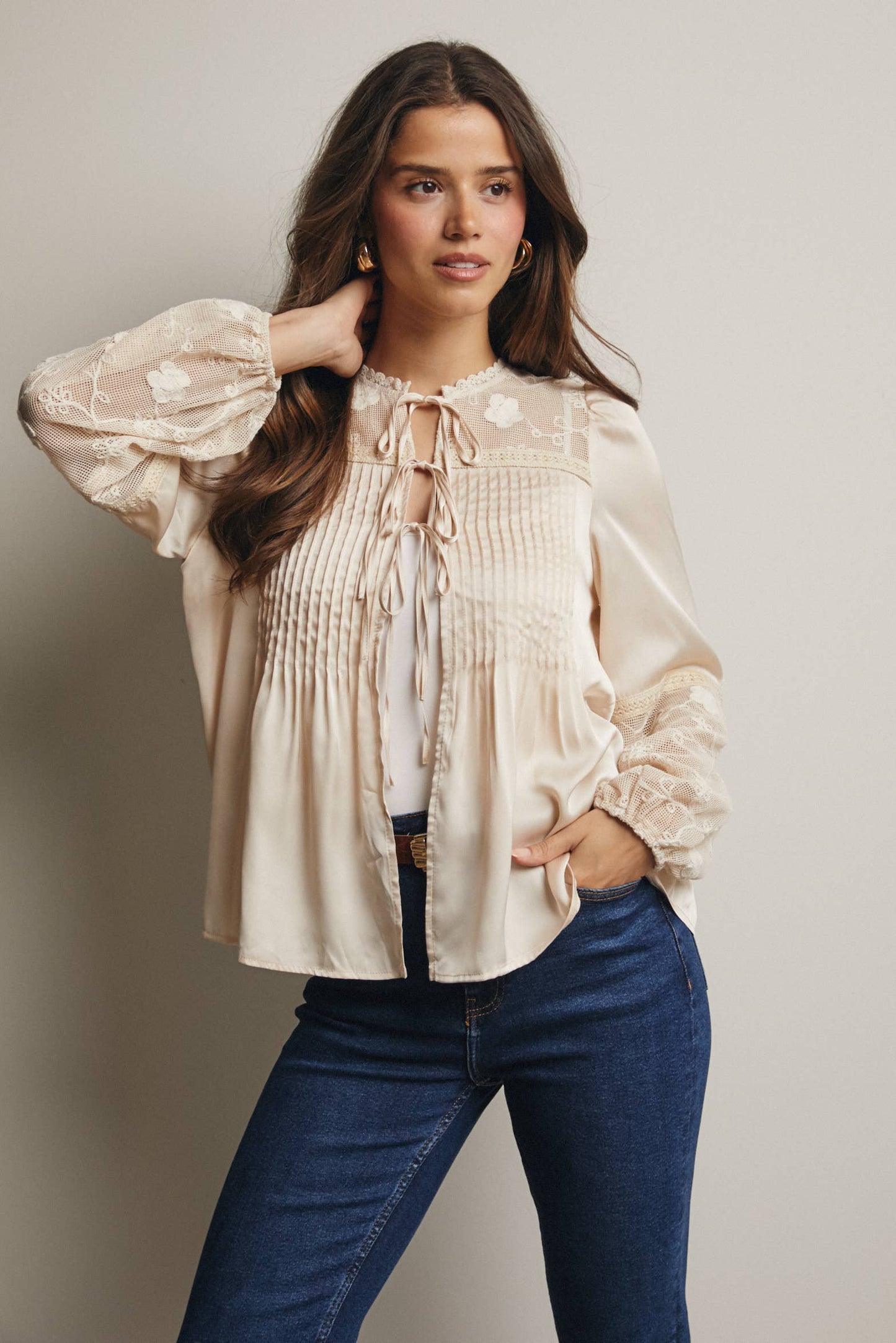 Embroidered Lace Tie-Front Blouse - 926 West