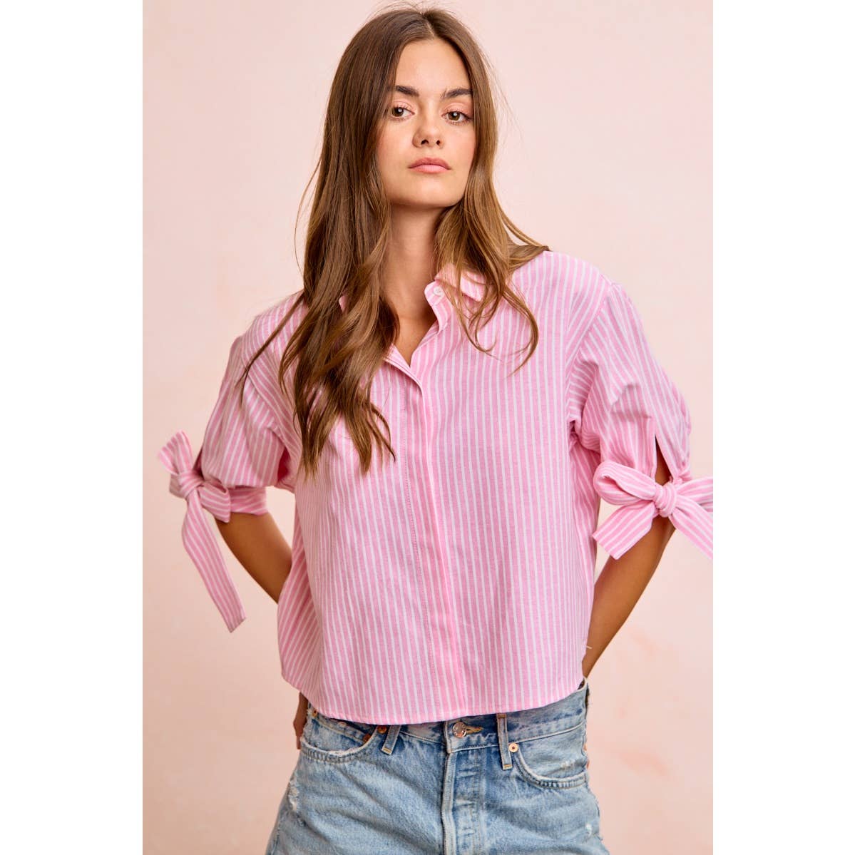 Stripe Woven Button-Up Top with Tied Sleeves