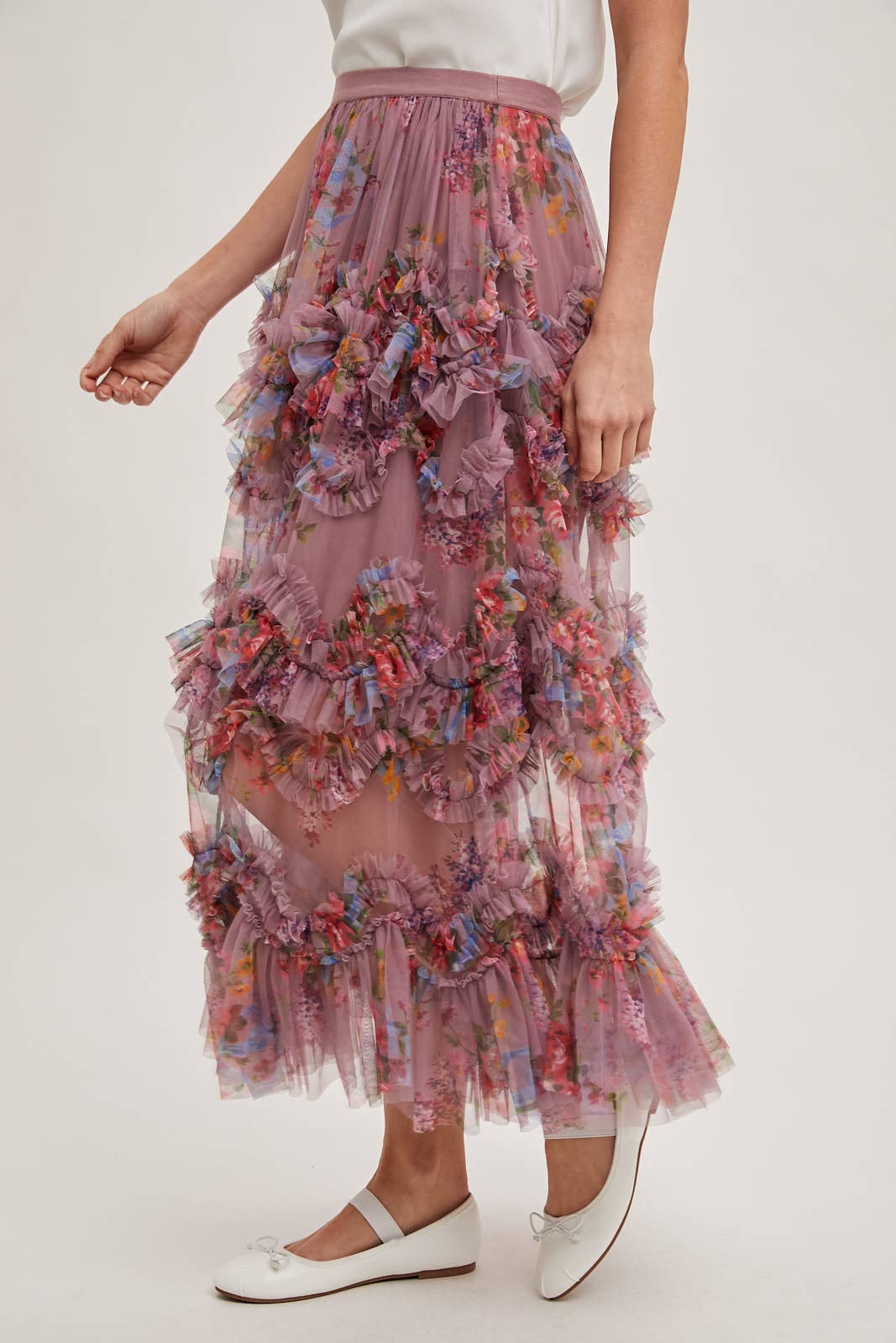 FLORAL RUFFLED MESH MIDI SKIRT Bluivy