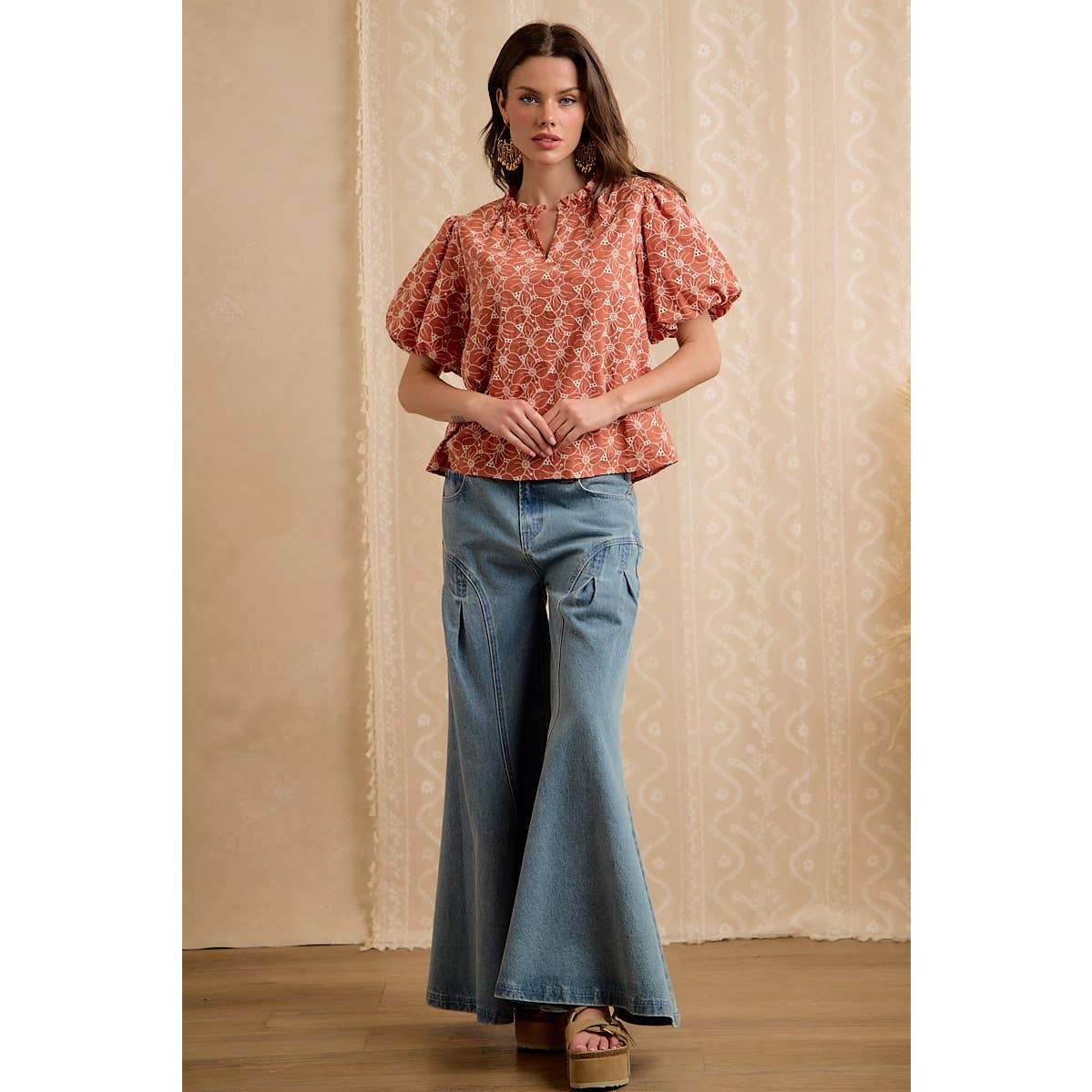 Rust Cotton Eyelet Puff Sleeve Blouse